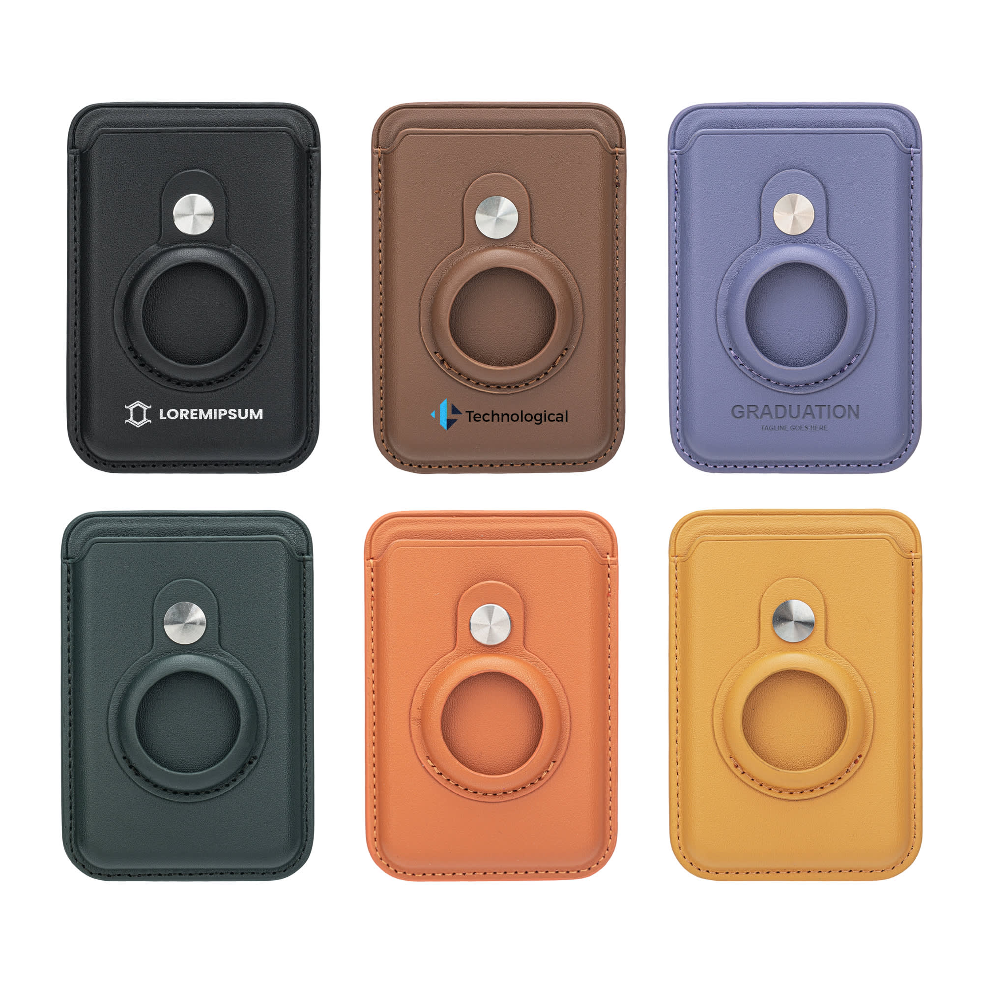 A collection of six PU magnetic card and AirTag holders in various colours: black, brown, purple, orange, and yellow. Each holder features a logo. PU Magnetic Card&Airtag Holder - Image 1