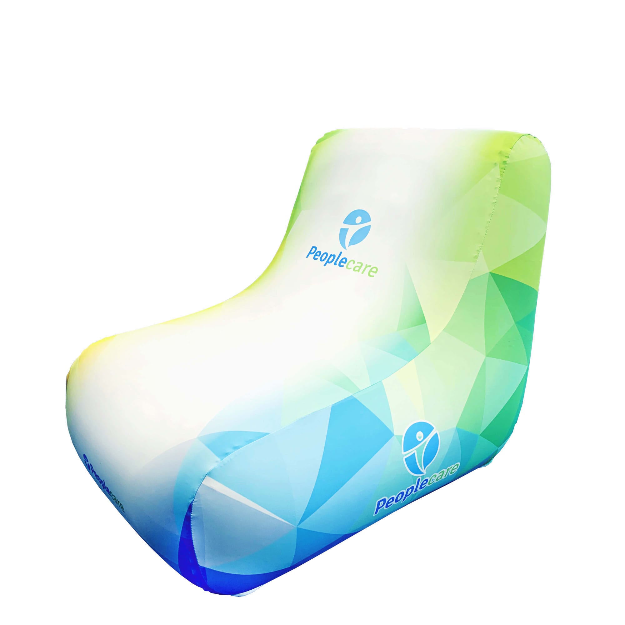 An inflatable lounge chair in green and blue with a geometric pattern and a logo. Inflatable Lounge Chair - Image 1