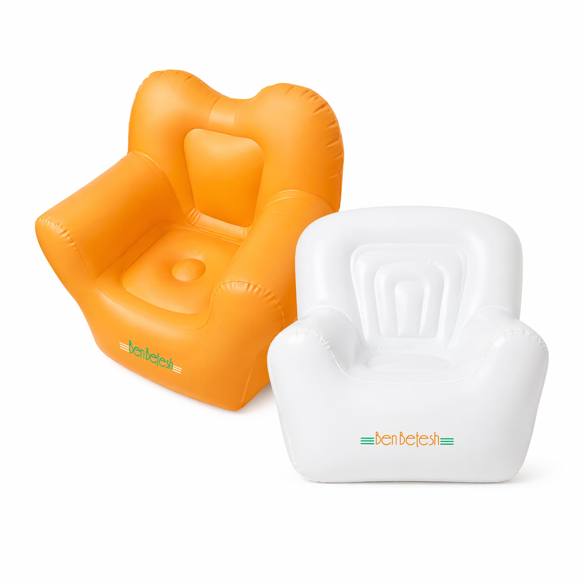 An orange inflatable chair and a white inflatable chair, both featuring a logo on the front. Inflatable Chair - Image 1