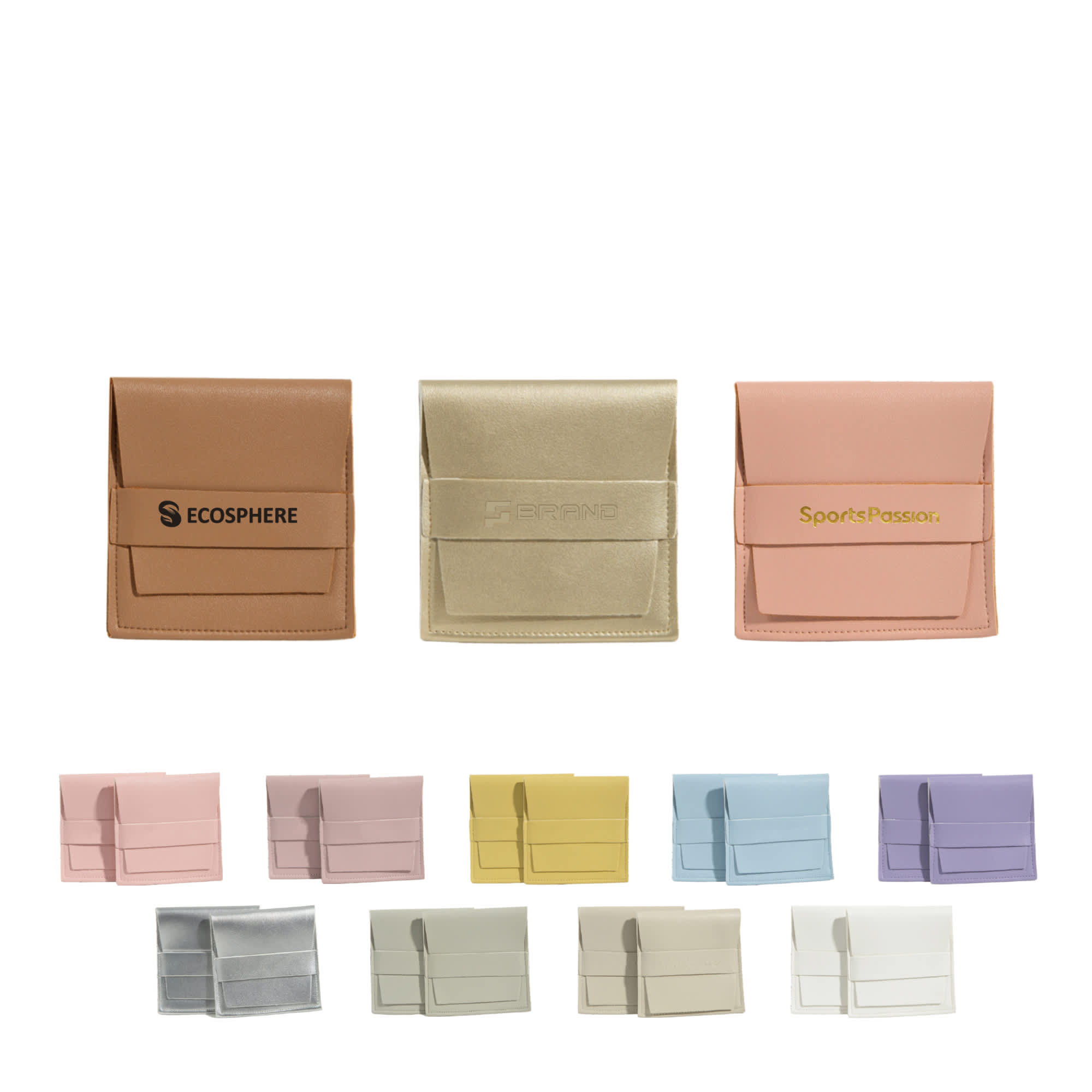 A collection of PU leather flip jewellery pouches in various pastel colours, featuring discreet logos on some. PU Leather Flip Jewellery Pouch - Image 1