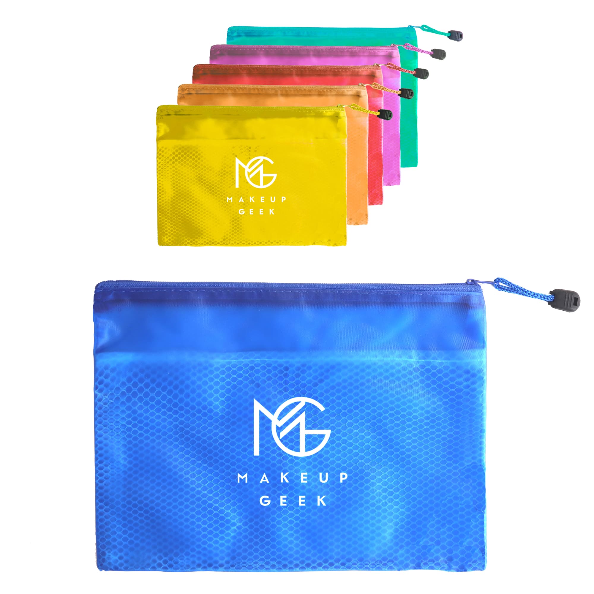 A series of zippered pouch bags in vibrant colours: yellow, pink, orange, and blue, each featuring a logo. A5 Zippered Pouch Bag - Image 1