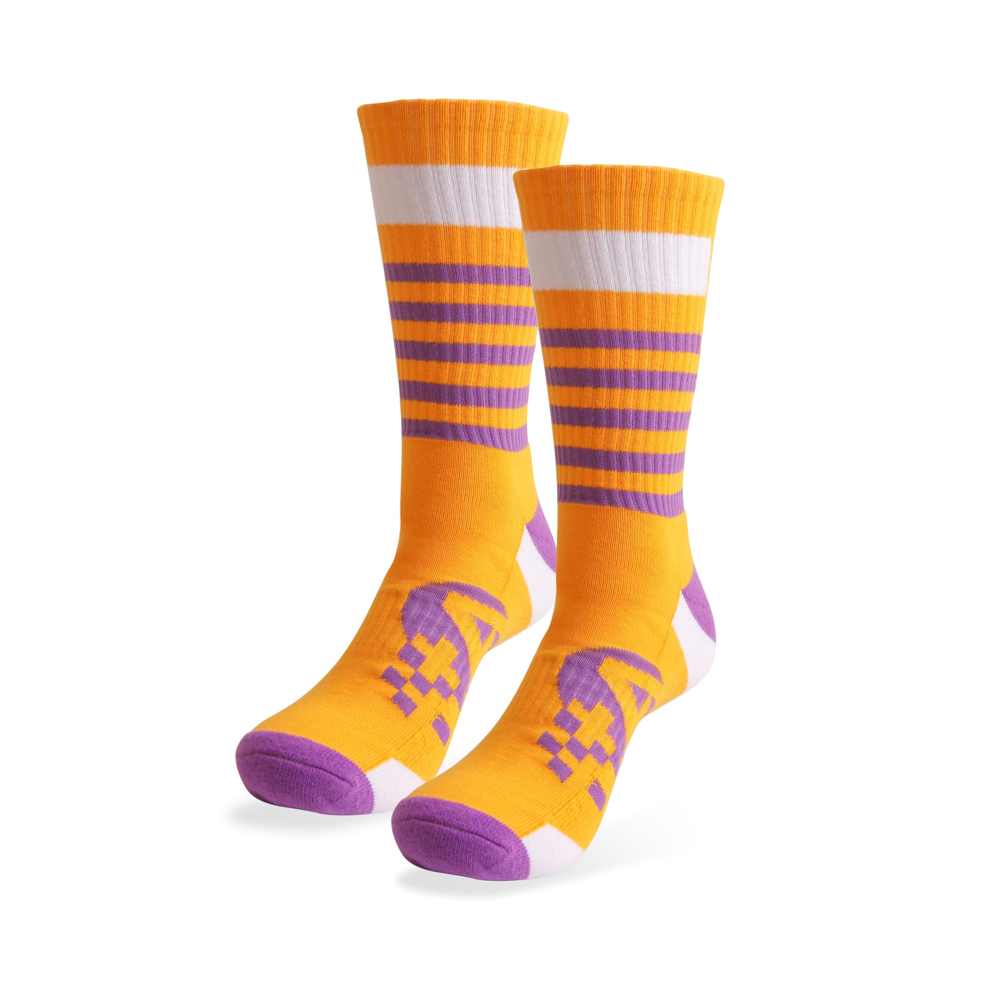 A pair of vibrant orange socks with purple and white stripes and a towel bottom design. The socks feature a logo. Premium Crew Woven Work Socks - With Towel Bottom - Image 1