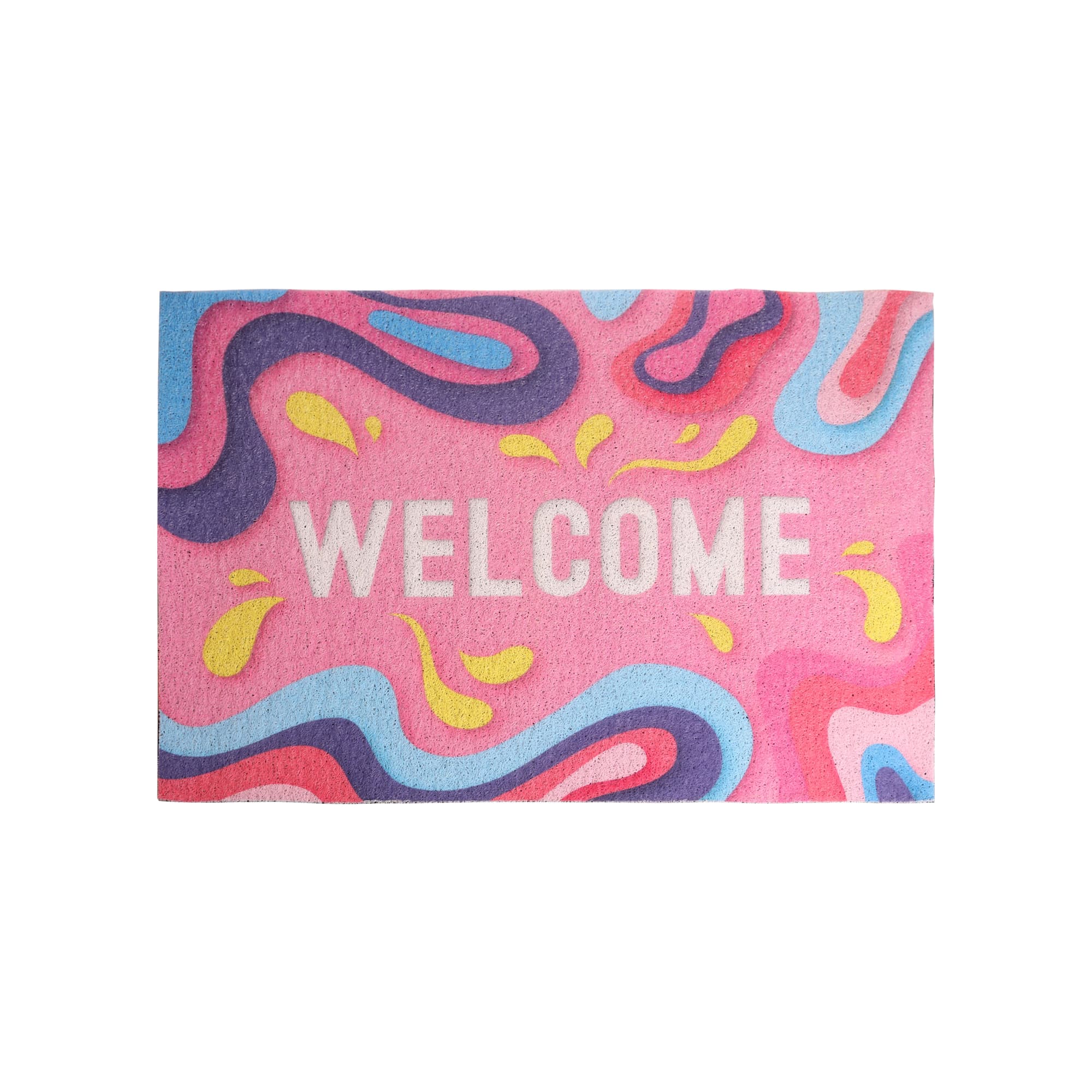 A pink floor mat featuring a colourful abstract design and a logo, with the word "WELCOME" prominently displayed. PVC Spiraloop Logo Mat - Image 1