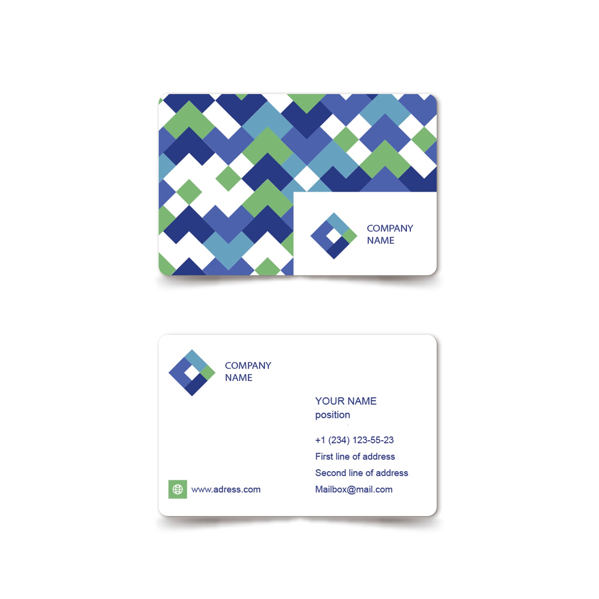 A PVC business card featuring a geometric pattern in blue, green, and white, with a logo present. NFC PVC Business Card - Image 1