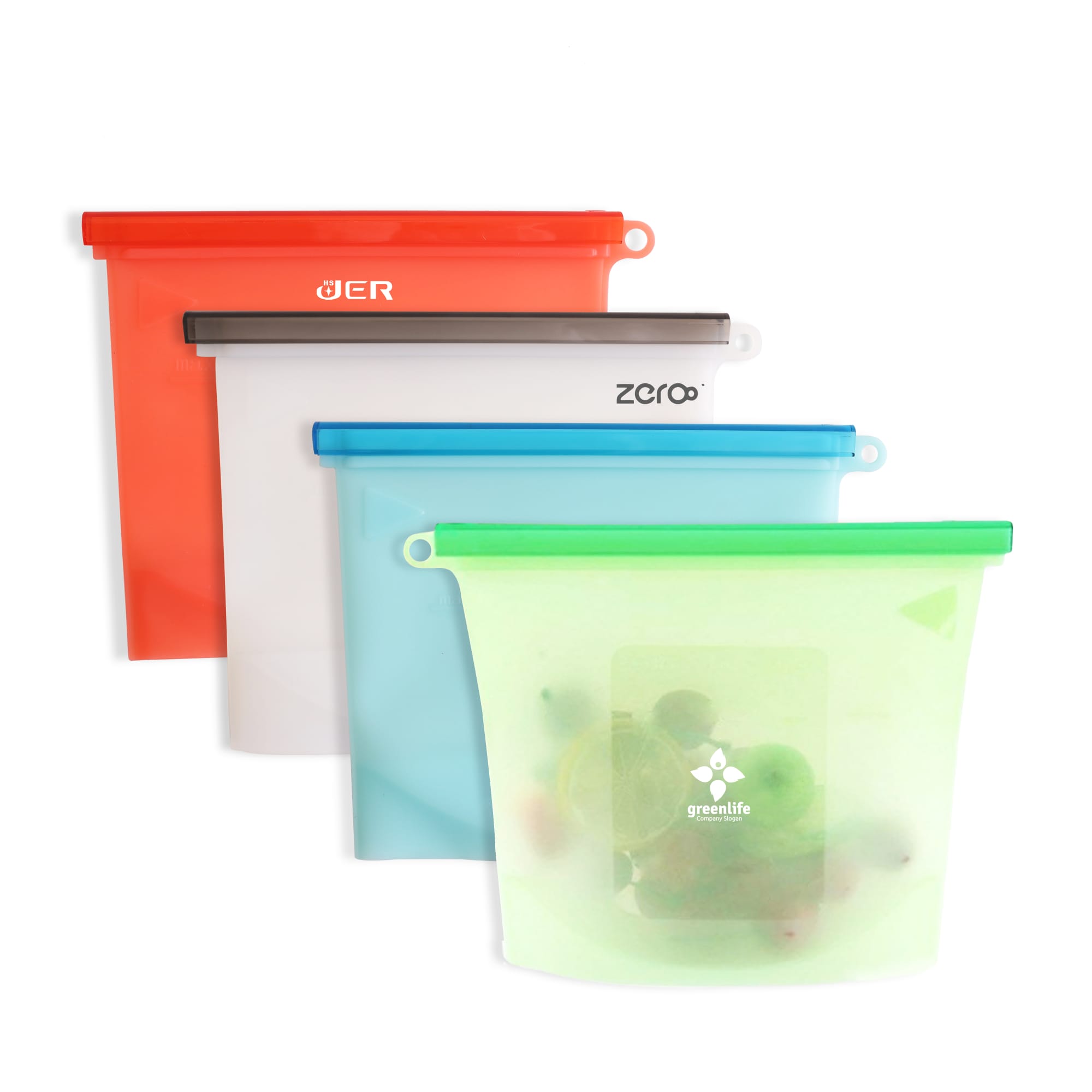 Four silicone reusable storage pouches in orange, clear, blue, and green, featuring various logos and contents inside. Silicone Reusable Storage Pouch - 1500ML - Image 1