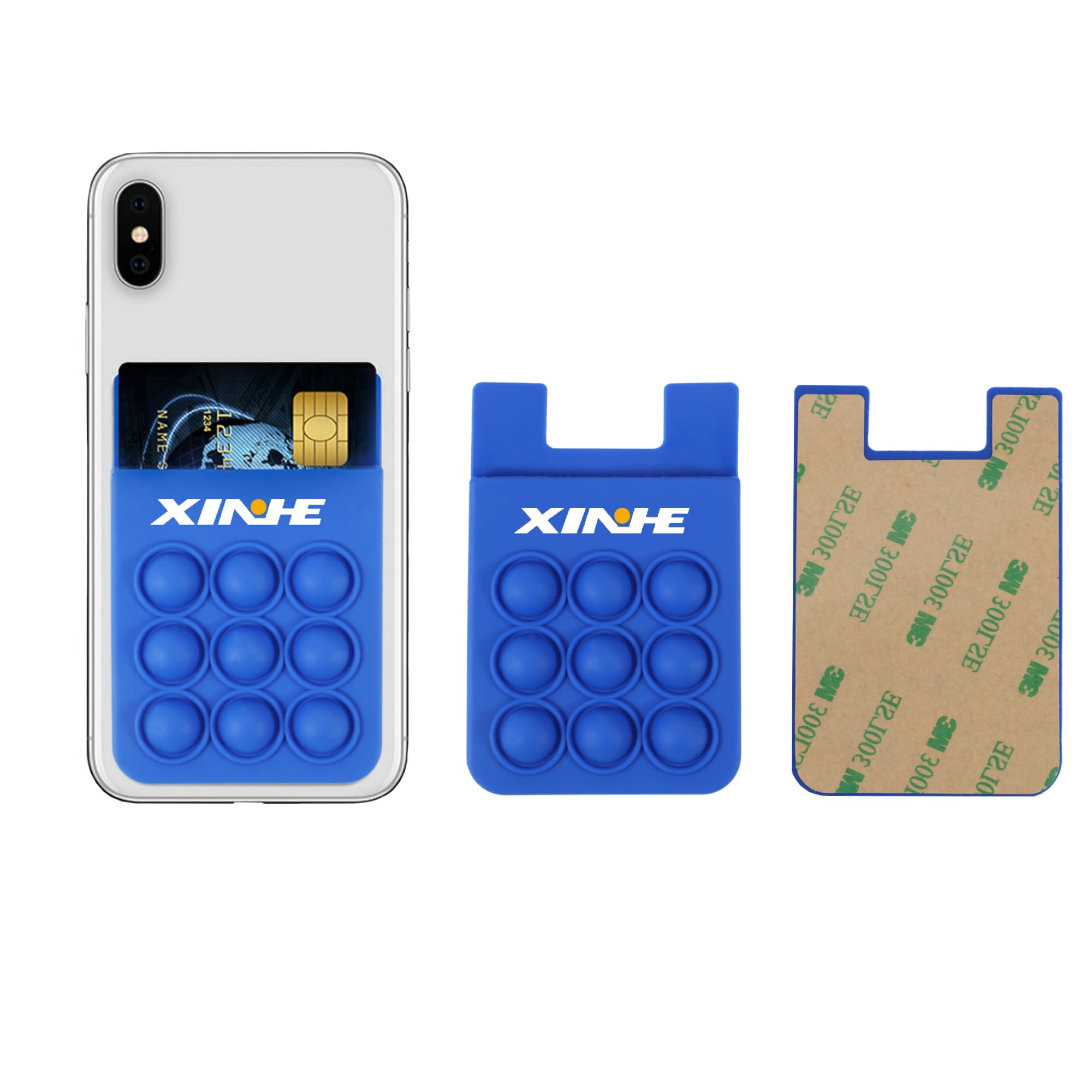 A blue silicone phone wallet features a pop bubble design, compatible with a smartphone, and includes a backing for adhesion. Pop Silicone Phone Wallet - Image 1