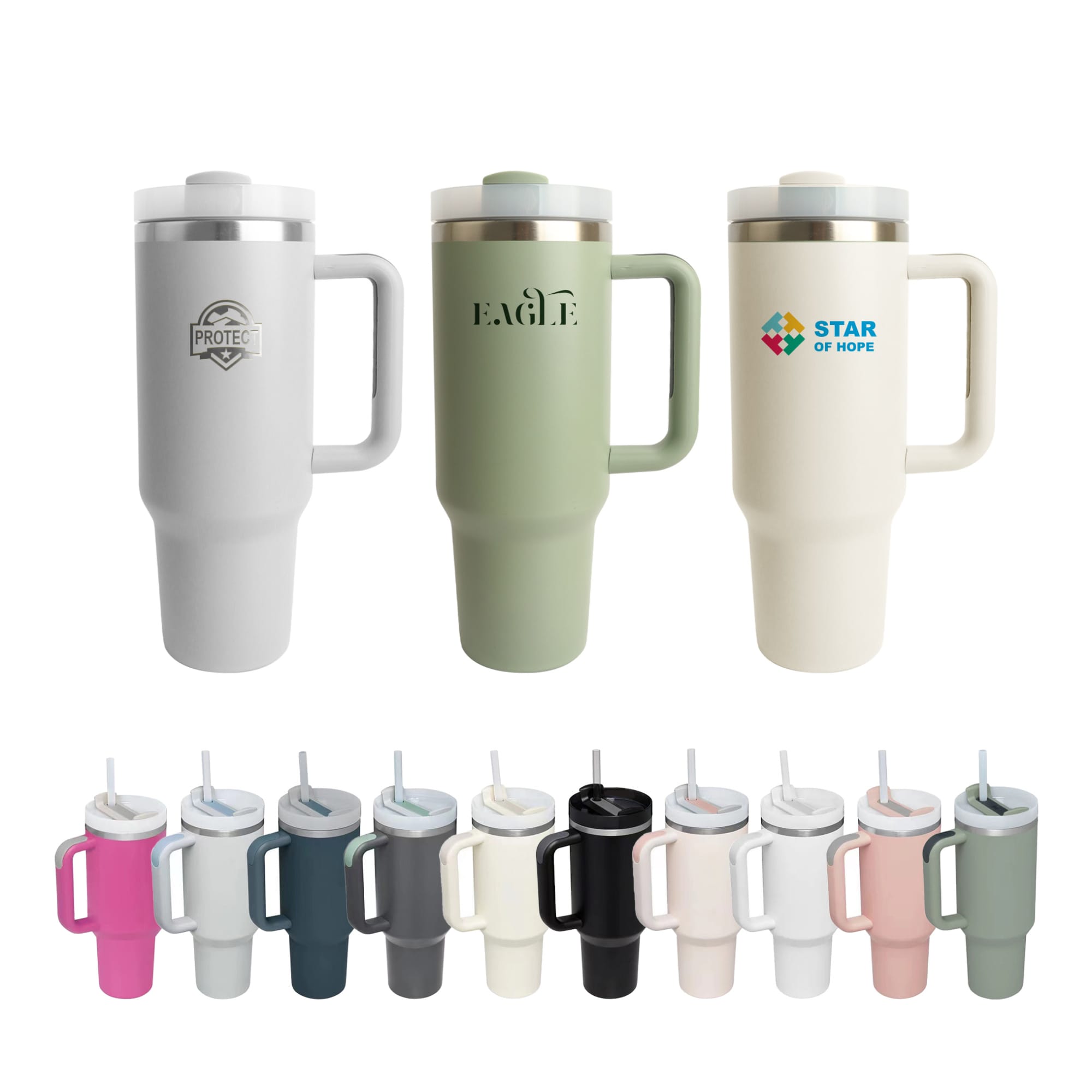 A drink bottle set featuring a 1.2L stainless steel tumbler in grey, green, and white, with lids and straws. 1.2L Stainless Steel Tumbler with Lid and Straw - Image 1