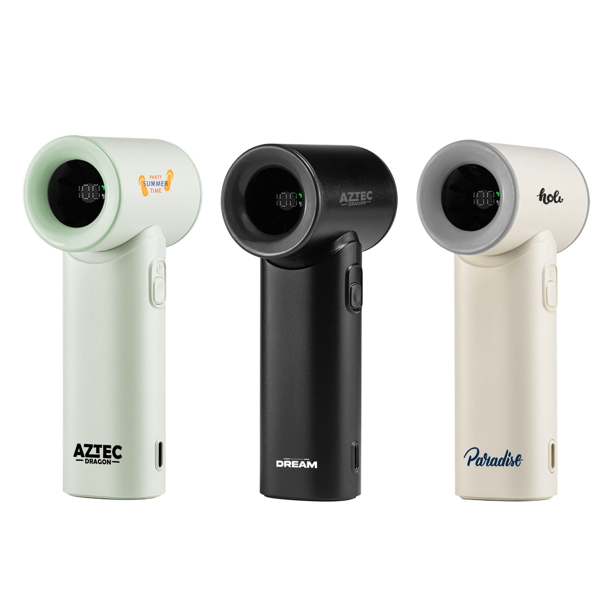 A collection of three handheld fans in mint green, black, and cream, each featuring a distinct logo. High Speed Portable Handheld Fan - Image 1