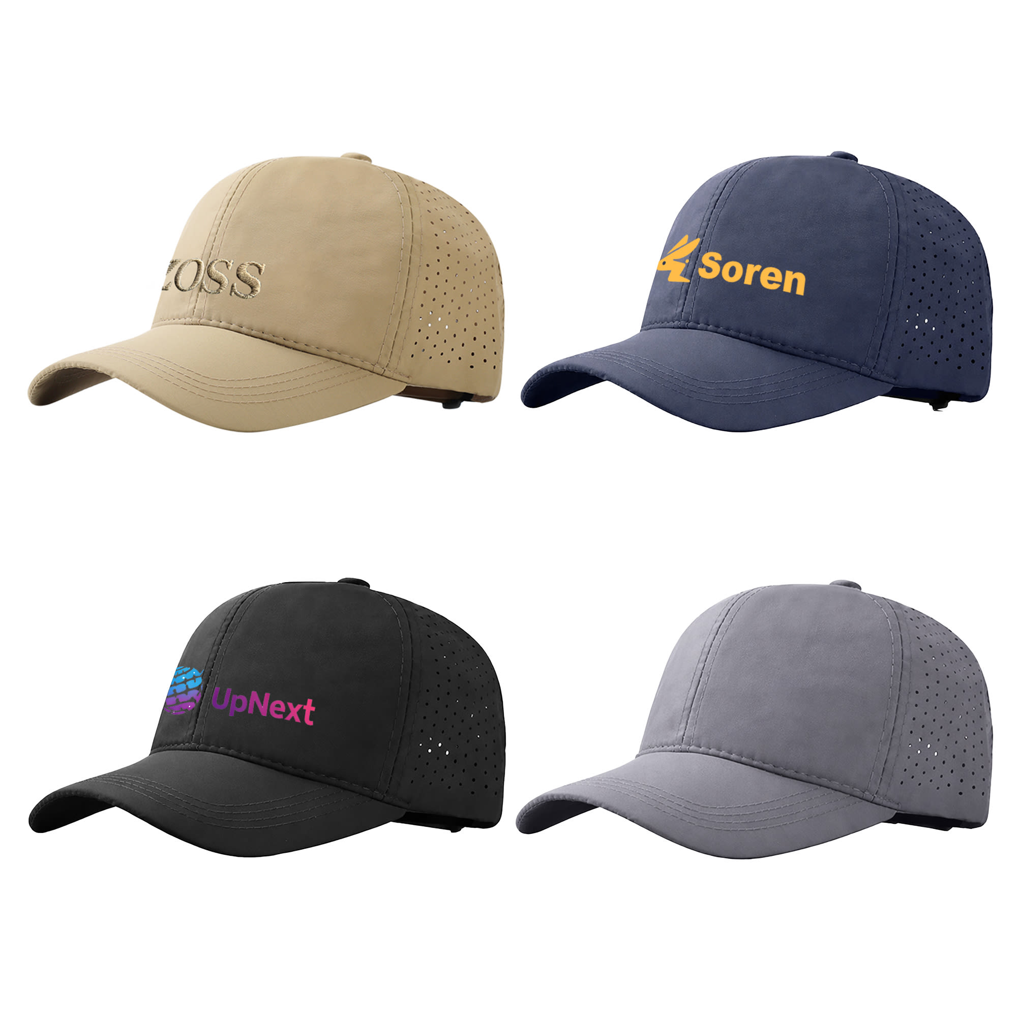 Four quick-drying perforated caps in beige, navy, black, and grey, each featuring different logos. Quick-Drying Perforated Cap 6 Panel - Image 1