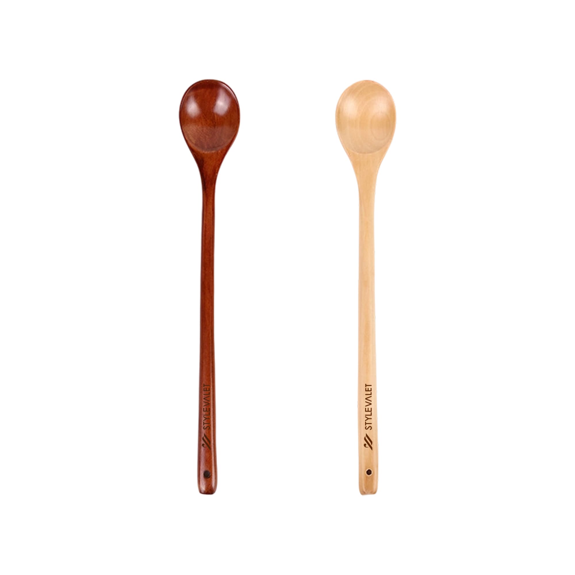 Two long handle wooden spoons in different shades, one dark brown and the other light yellow, with branding on the handles. Long Handle Wooden Spoon - Image 1