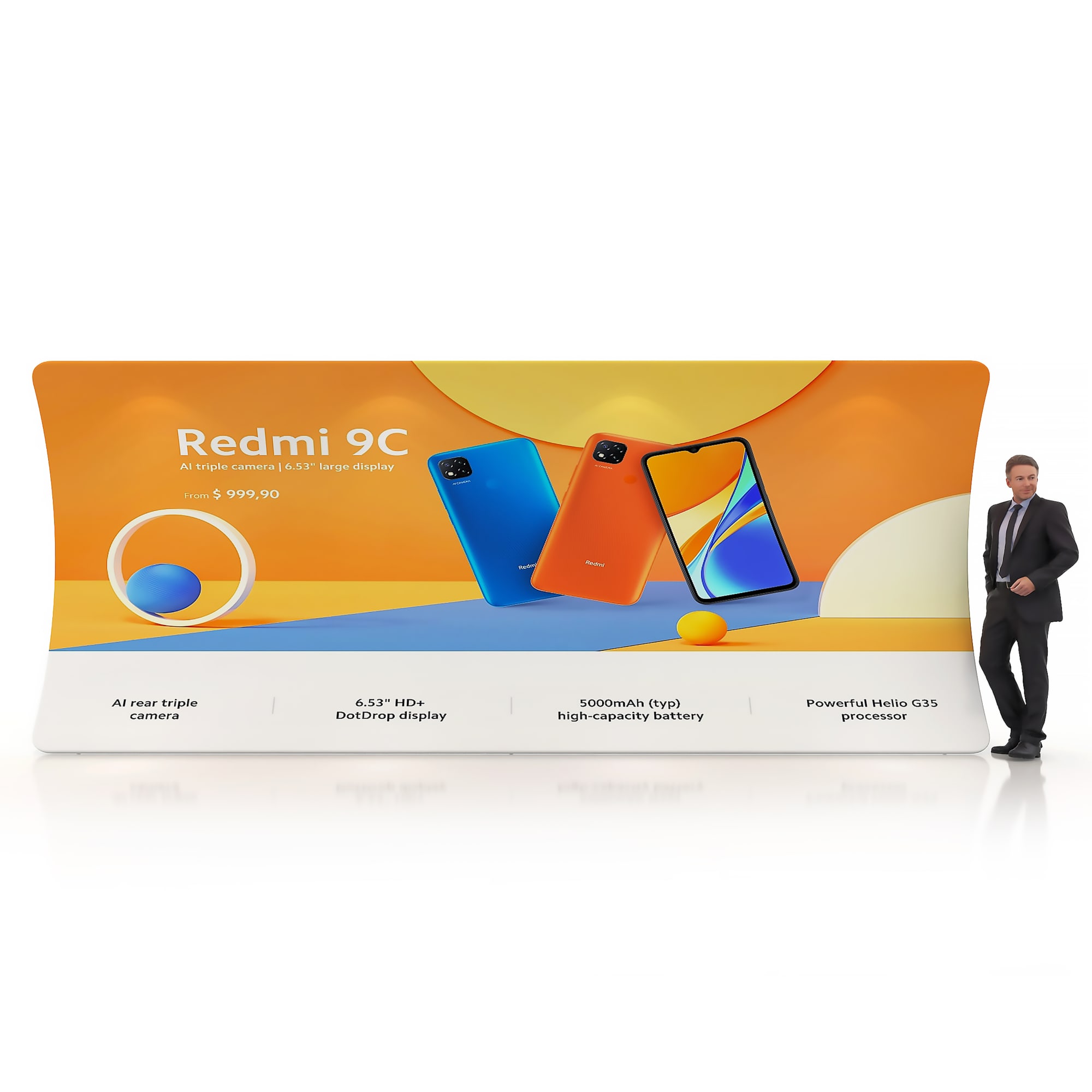 A large U-shaped tension fabric display wall featuring vibrant orange and blue colours, showcasing a smartphone with branding. 6m U-Shaped Tension Fabric Display Wall - Image 1