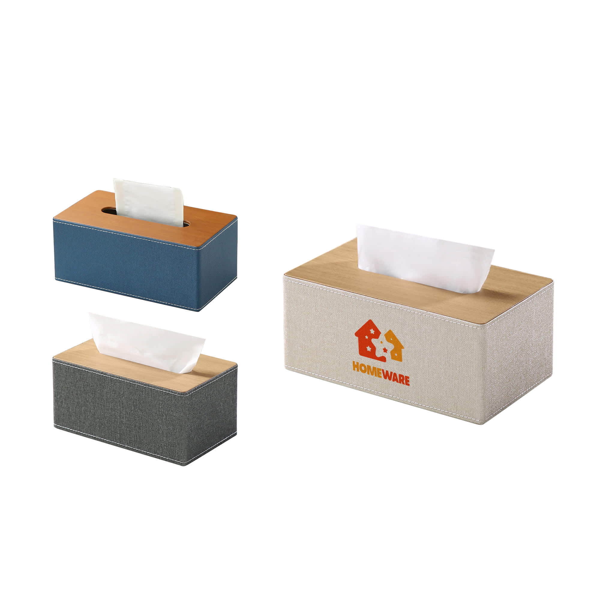 A medium tissue box in grey, blue, and cream, with a wooden lid and branding. Medium Tissue Box - Image 1