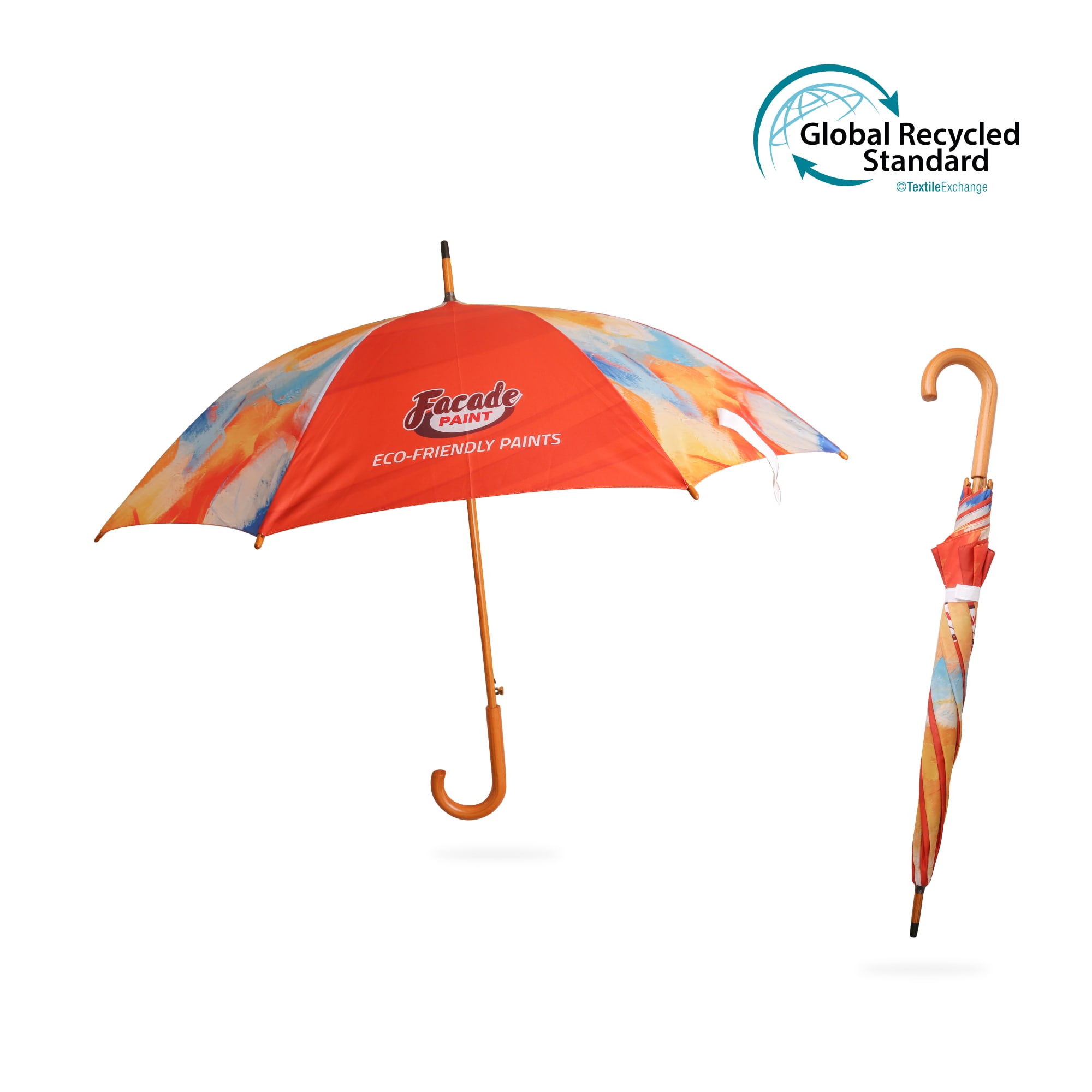 An eco-friendly umbrella in vibrant orange with a curved wooden handle, featuring a colourful abstract design. RPET Wooden Umbrella with Curved Handle - Image 1