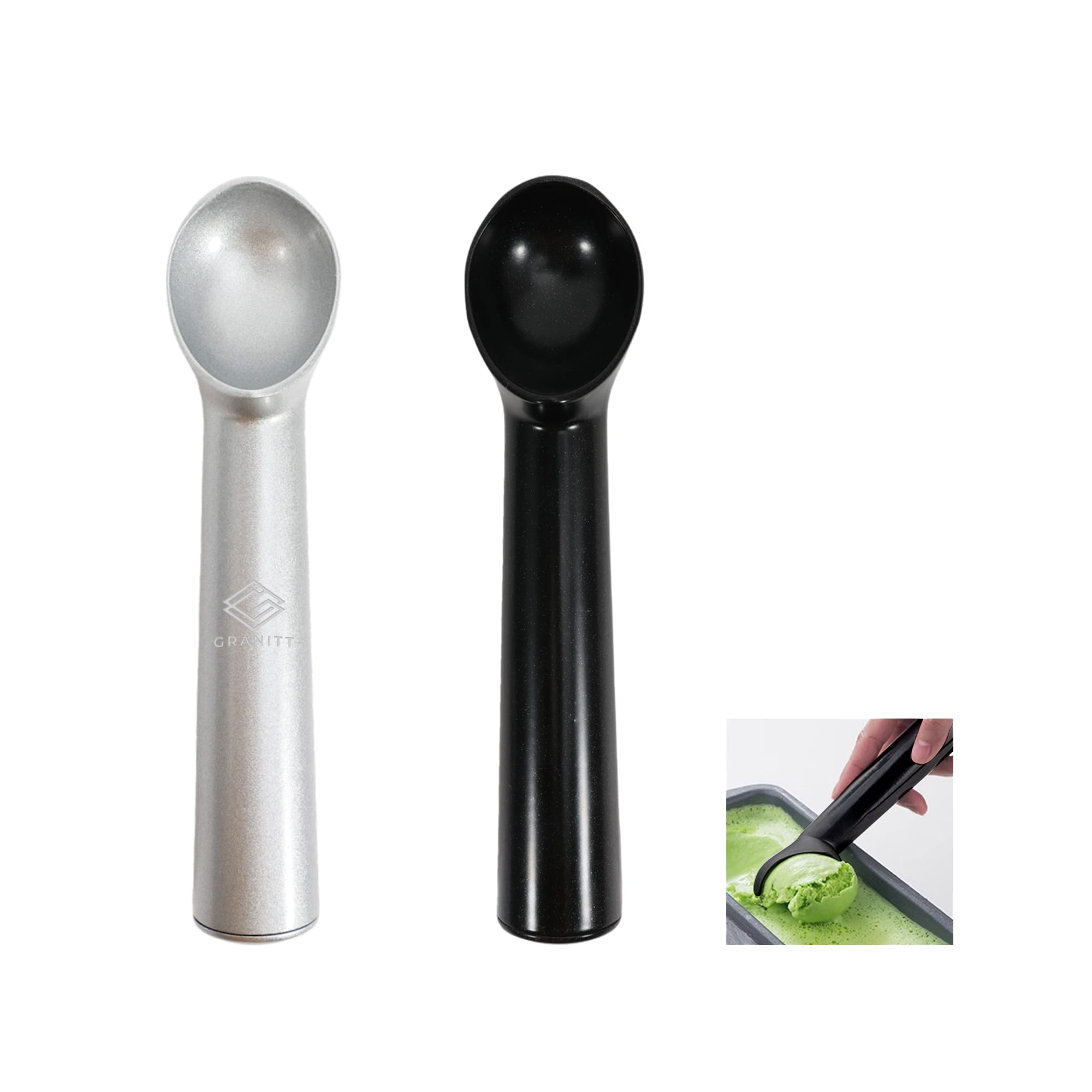 A set of two ice cream scoops, one silver and one black, with ergonomic handles for easy serving. Ice Cream Scoop - Image 1
