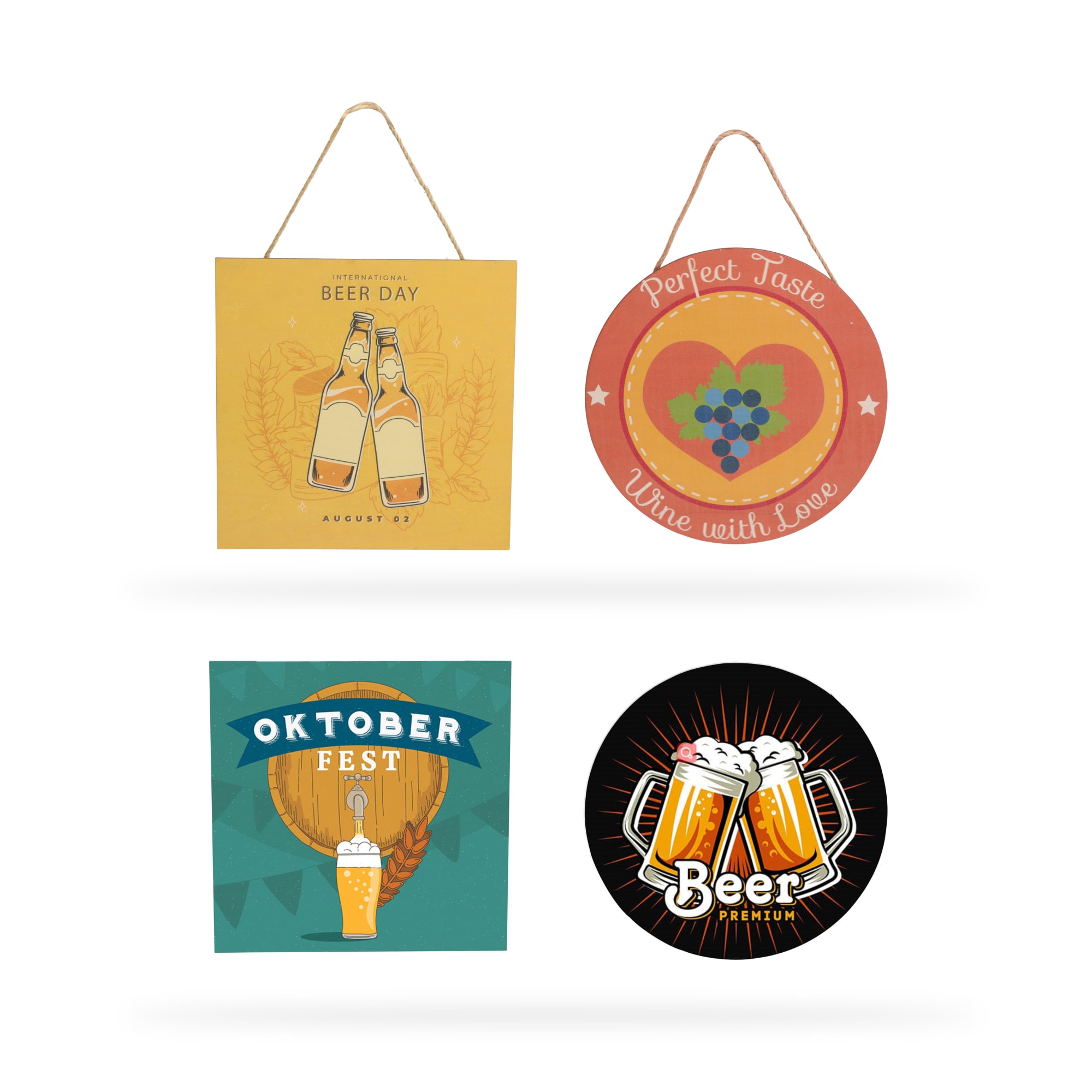 A wooden signboard in various designs featuring beer themes, with colours including orange, green, and red. Wooden Sign Board (30x30cm) - Image 1