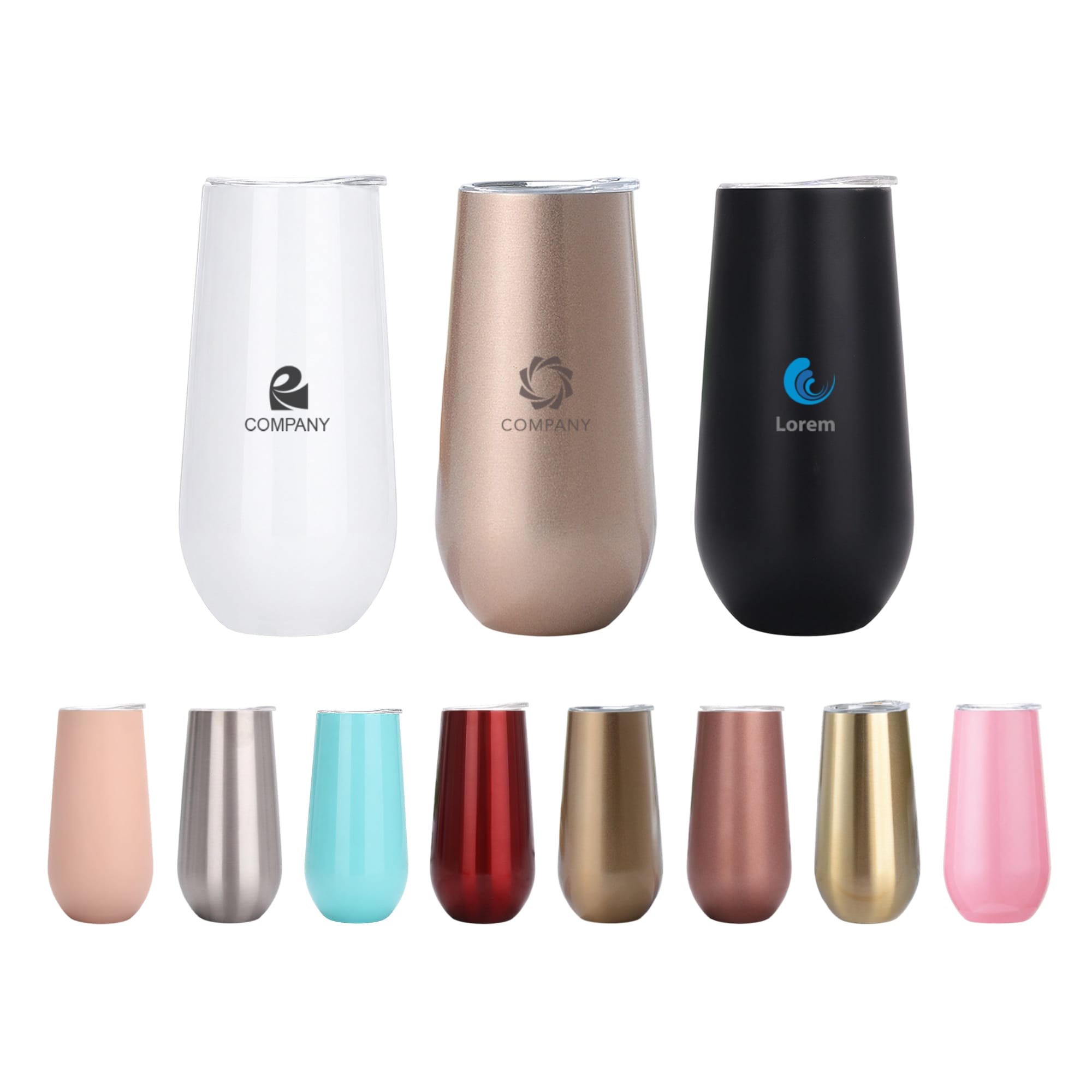 A drink bottle collection featuring various vacuum champagne flutes in colours including white, black, gold, pink, and red with logos. 150ml Vacuum Champagne Flute - Image 1