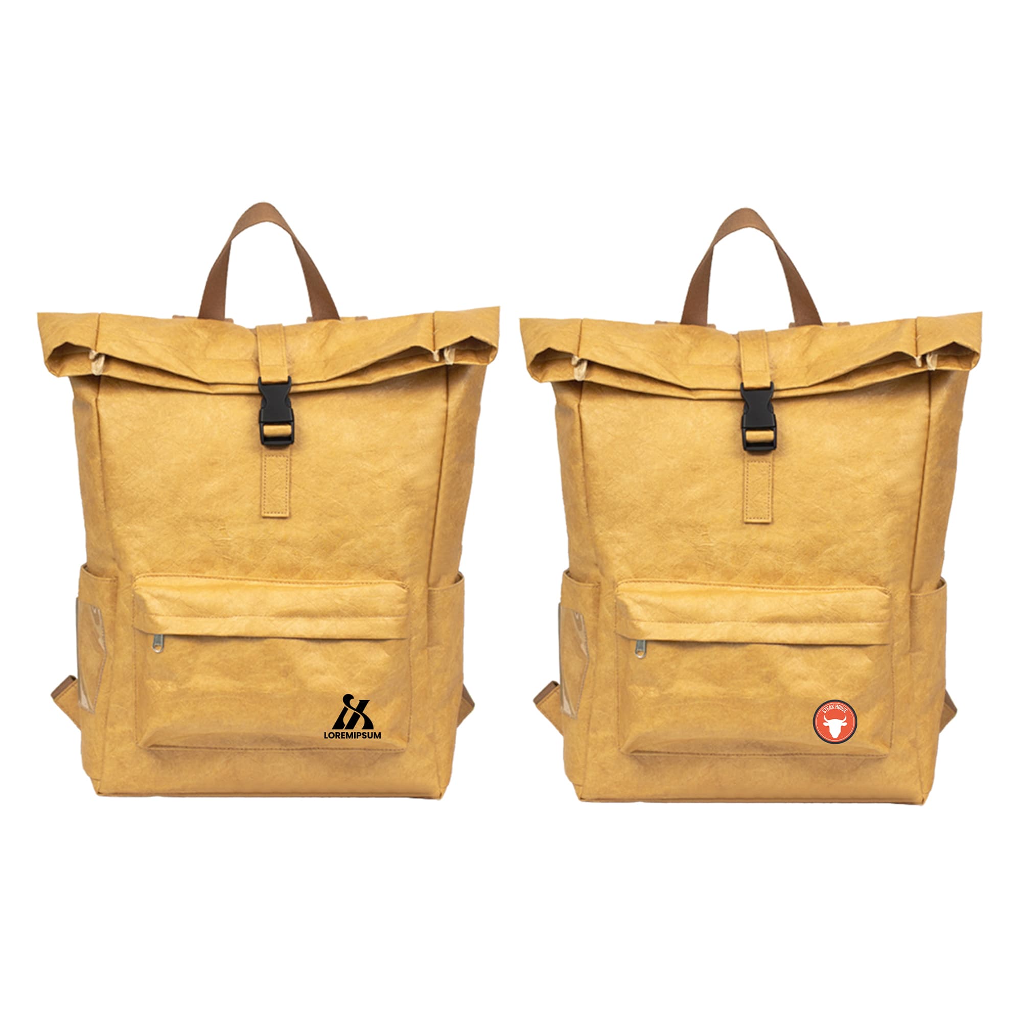A yellow Tyvek roll top backpack with a logo, featuring a front pocket and adjustable straps. Tyvek Roll Top Backpack - Image 1