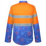 A cotton Hawaiian shirt featuring orange reflective stripes and a blue patterned fabric on the sleeves and back.