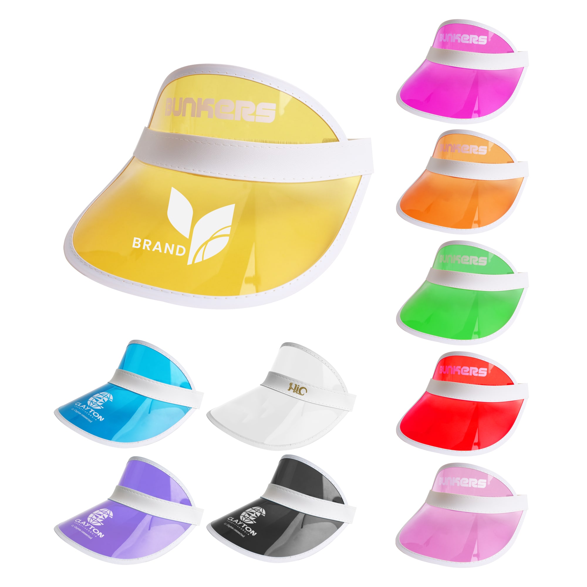 A collection of PVC sunscreen hats in various colours, featuring different designs and a logo on some. PVC Sunscreen Hat - Image 1