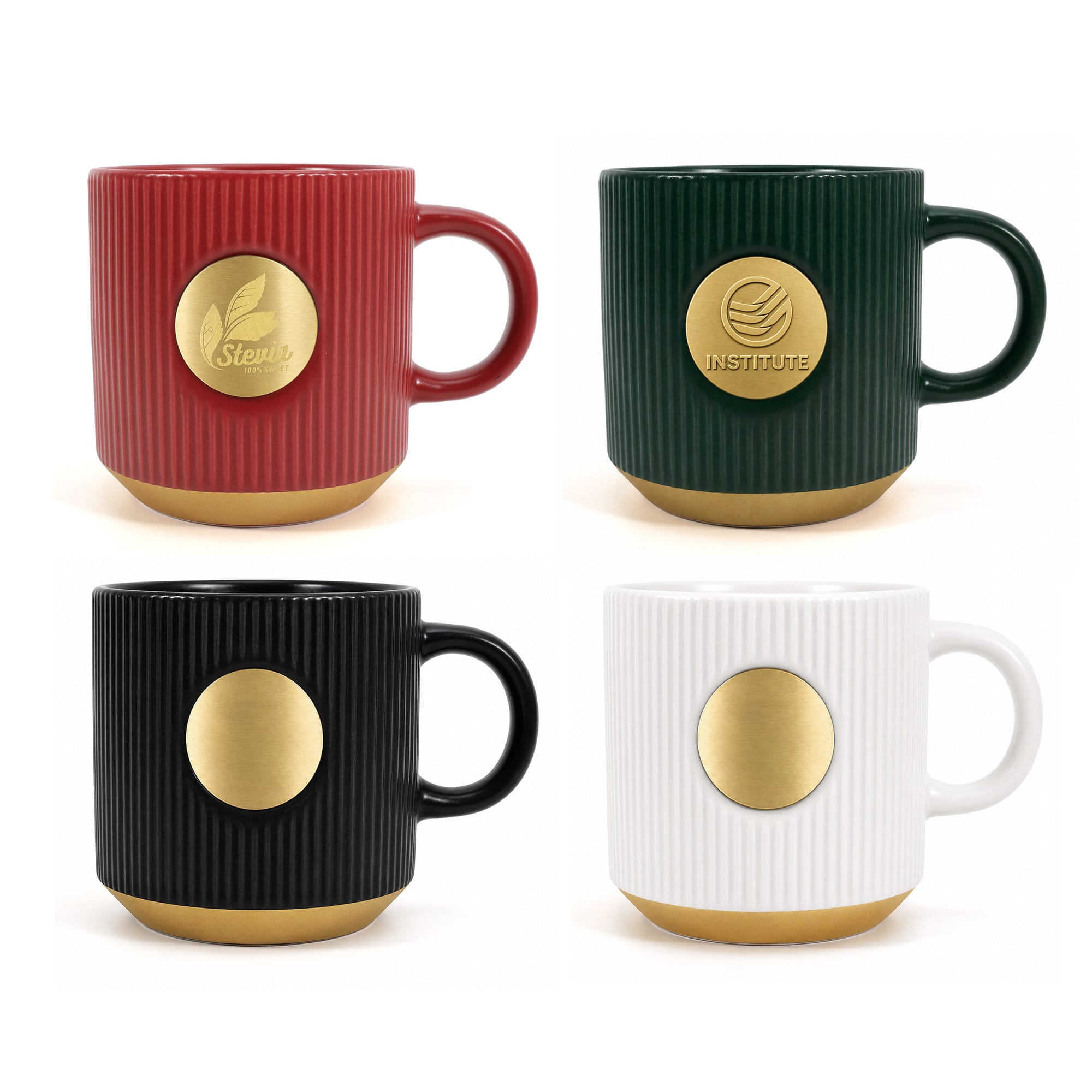 A set of four ceramic coffee mugs in red, green, black, and white, each with a gold medal on the base and a logo. Ceramic Coffee Mug with Bronze Medal - Image 1
