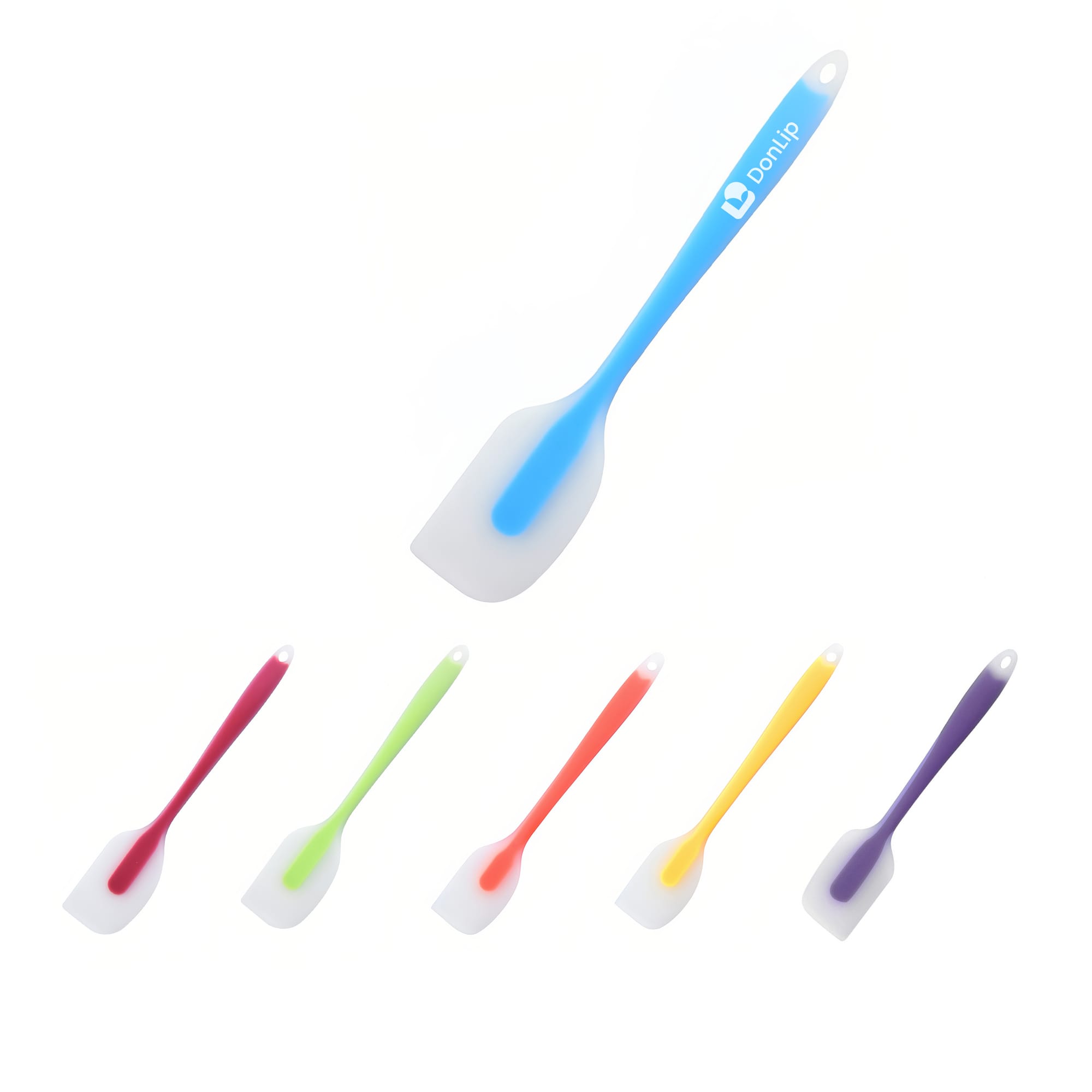 A silicone spatula in various colours including purple, orange, green, pink, and yellow, with a logo on one. Silicone Spatula - Image 1