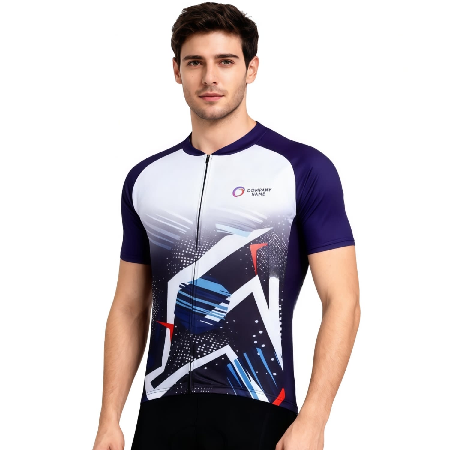 A men's unisex cycling jersey in purple with a vibrant graphic design, featuring short raglan sleeves and a stand collar. Unisex Sublimated Stand Collar Raglan Short Sleeves Cycling Jersey - Image 1