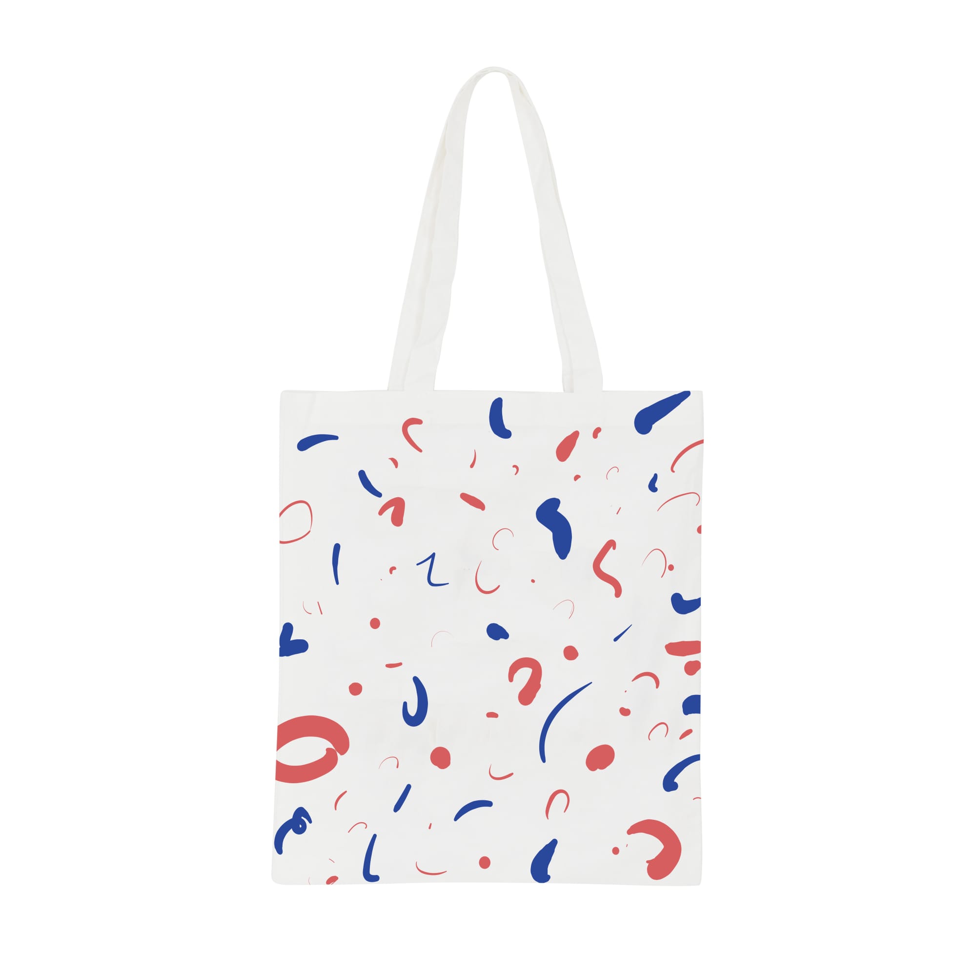 A long handle cotton bag with a white background featuring abstract designs in red and blue. It has a logo. 170gsm Digital Print Long Handle Cotton Bag - Image 1