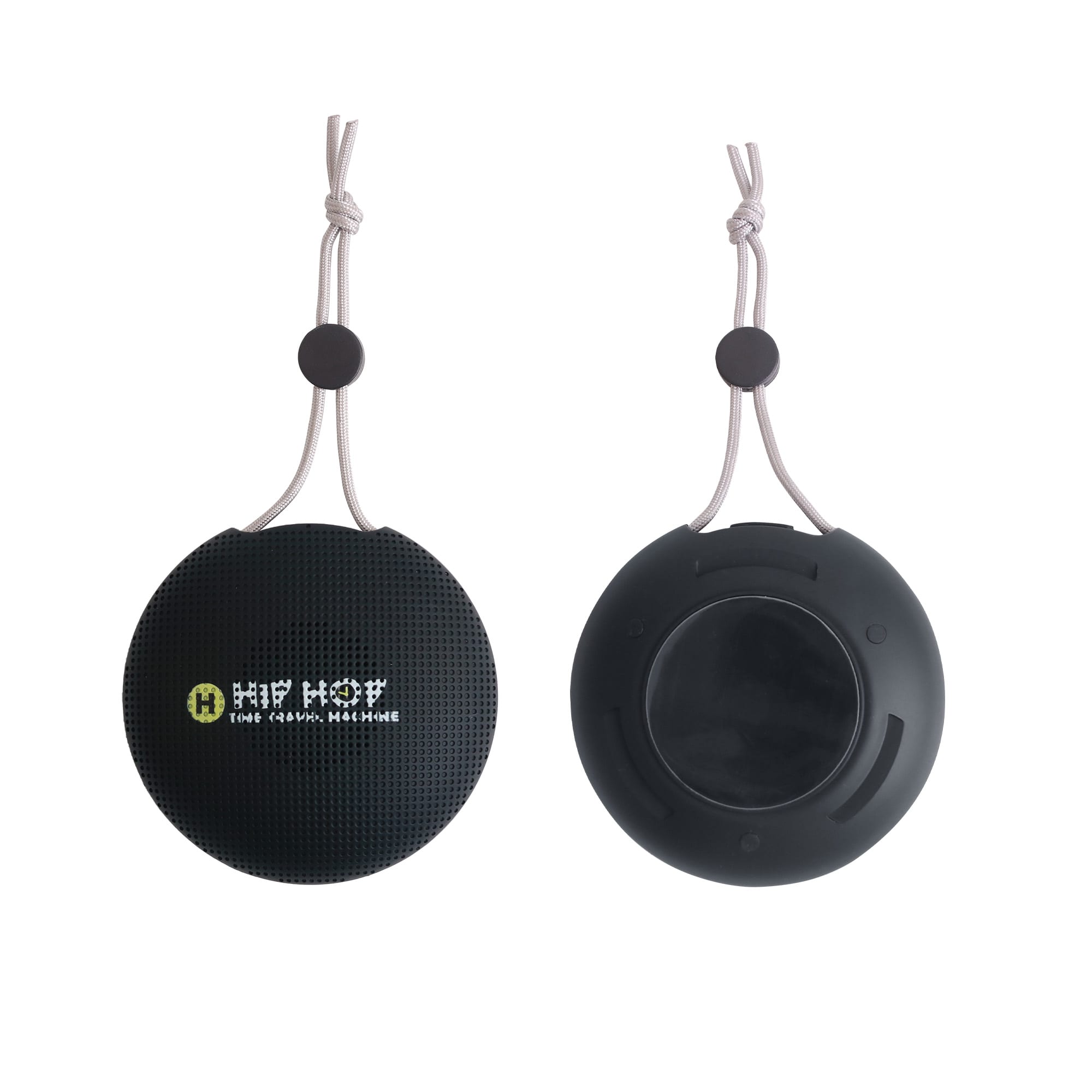 A round, black portable waterproof Bluetooth speaker with a hanging strap and a logo displayed on the front. Portable Waterproof Bluetooth Speaker with Microphone - Image 1