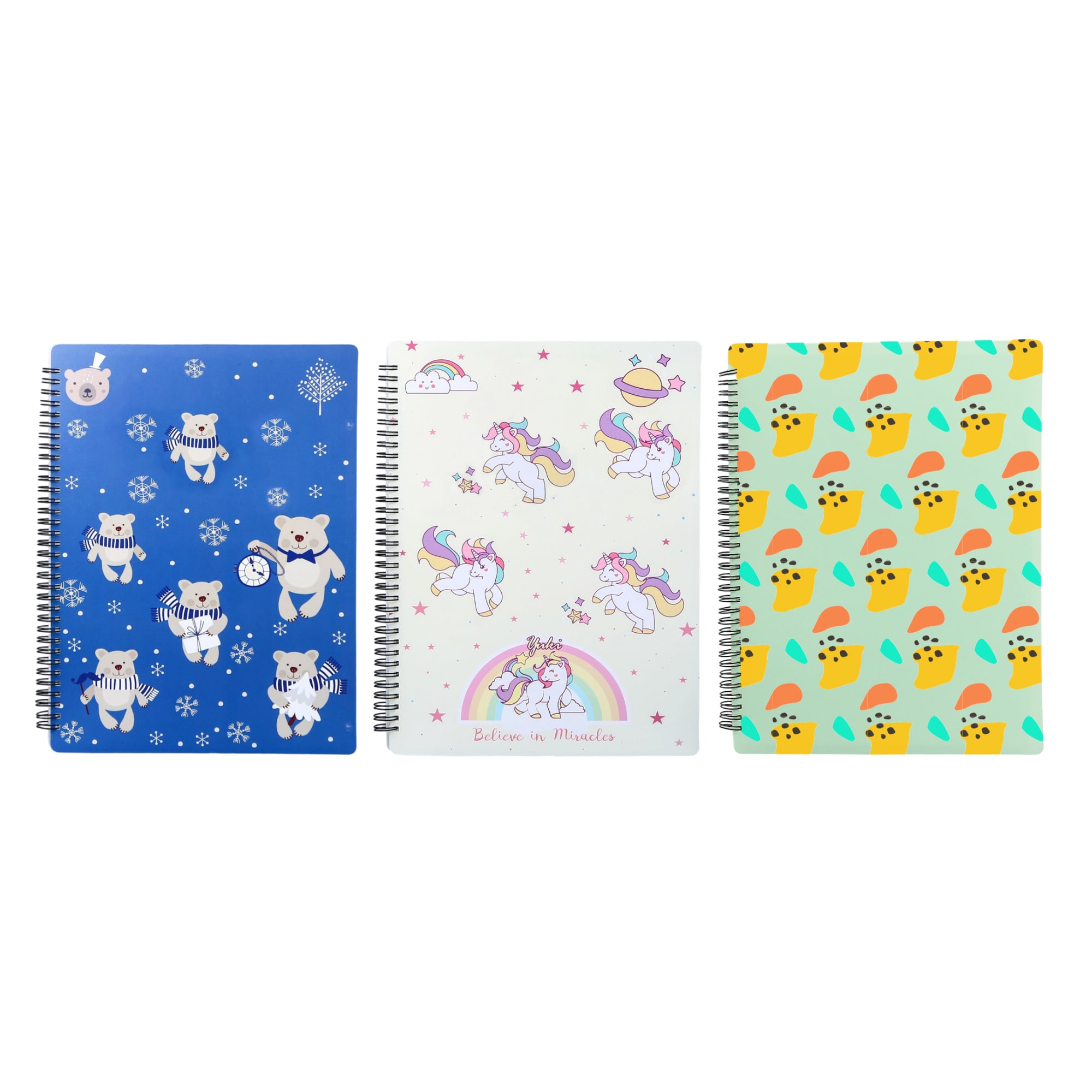 Three spiral-bound folders with varied designs: blue with bears, white with unicorns, and vibrant patterns of ice creams. A4 Sheet Music Loose-leaf Folder - Image 1