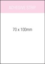 A note pad with a white cover, featuring an adhesive strip, sized 70x100mm. It includes branding.