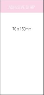 A white notepad measuring 70x150mm with an adhesive strip, featuring a simple design and a logo.