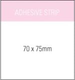 A white notepad with an adhesive strip, measuring 70 x 75mm, featuring a pink header.