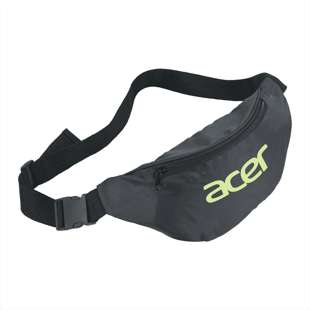 A black bum bag with a zippered compartment and an adjustable strap, featuring a logo on the front. Hipster Budget Bum Bag - Image 1