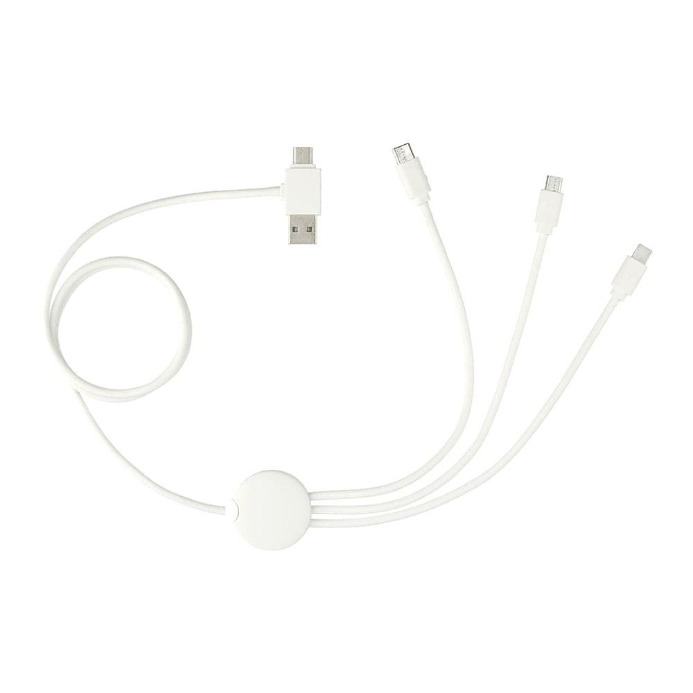 A white 5-in-1 charging cable featuring multiple connectors and a circular attachment, designed for various devices. 5-In-1 Charging Cable w/ Antimicrobial Additive - Image 1