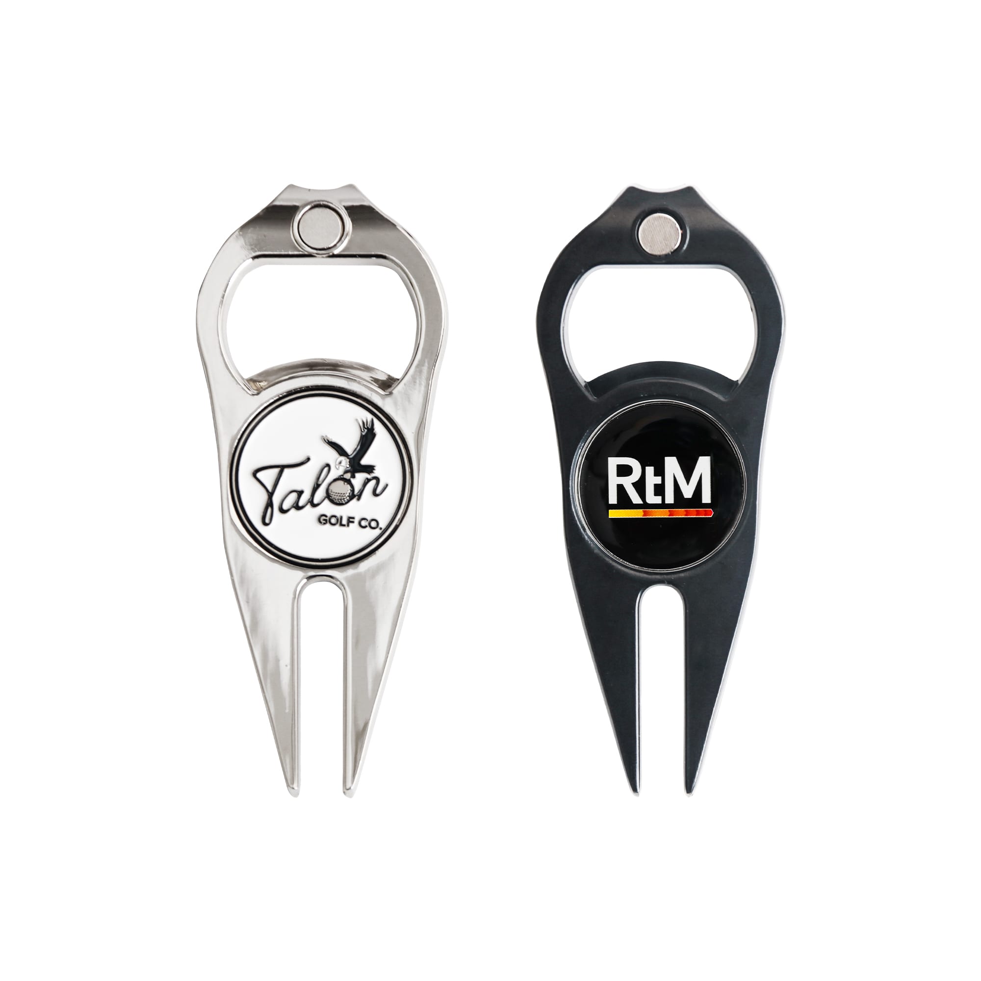 A golf divot tool with a ball marker and bottle opener, featuring silver and black designs and logos. Golf Divot with Ball Marker and Bottle Opener - Image 1