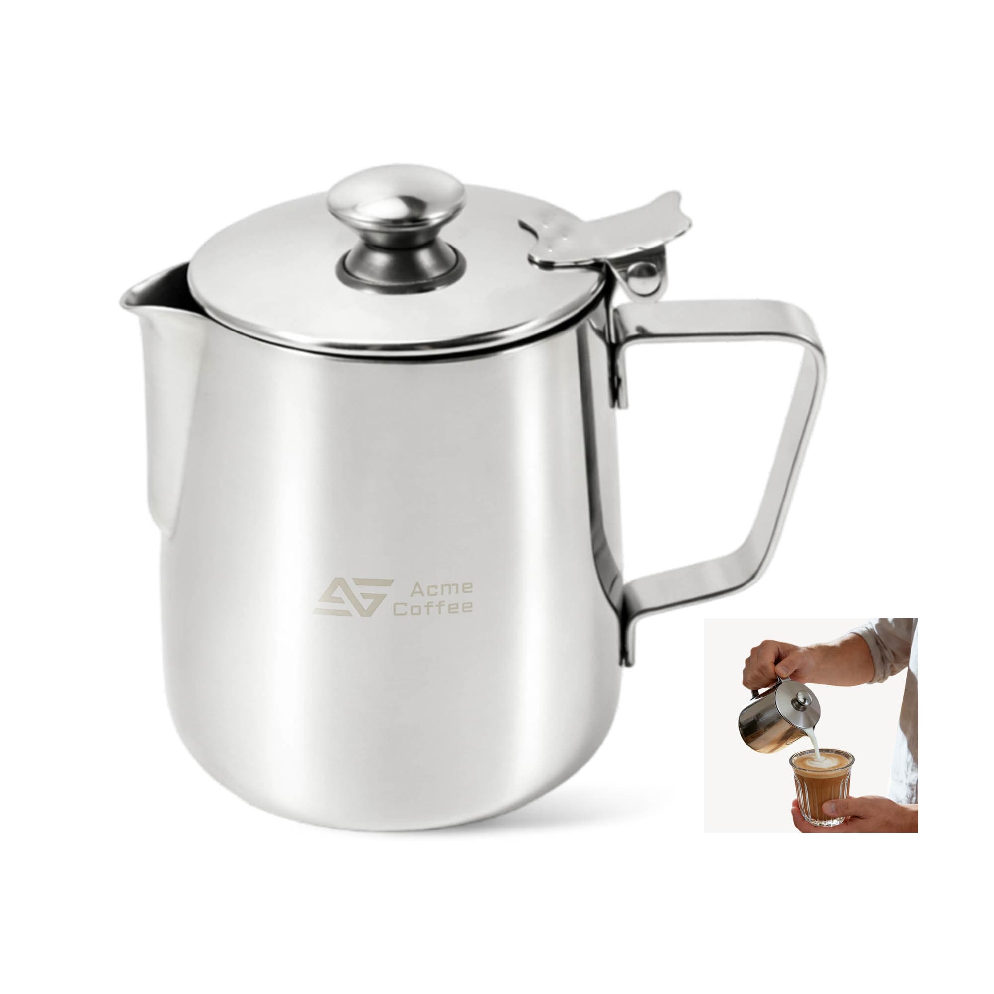 A stainless steel milk frothing pitcher with a lid, featuring a sleek design and a handle. Includes a branding logo. Stainless Steel Milk Frothing Pitcher with Lid - Image 1
