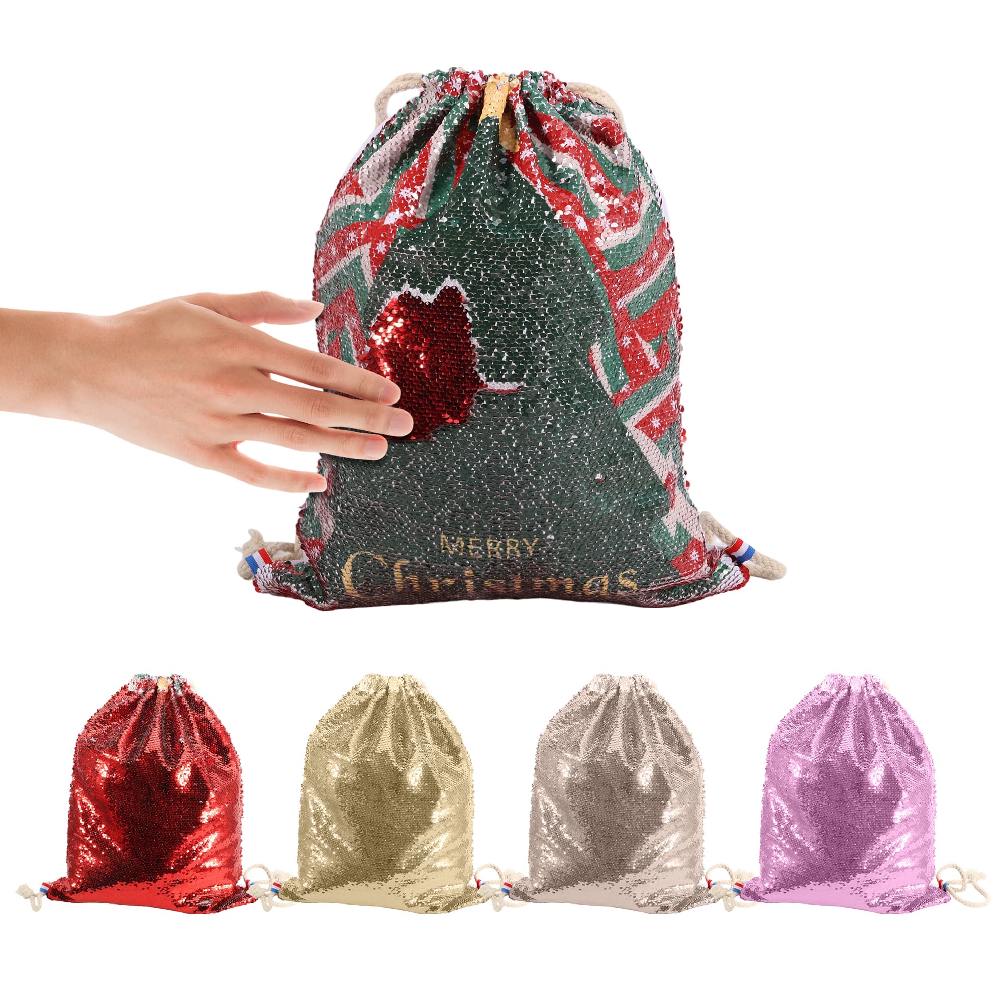 A drawstring bag covered in sequins features red and green colours, with a festive design. Includes a hand for scale. Sequin Magic Drawstring Bag - Image 1