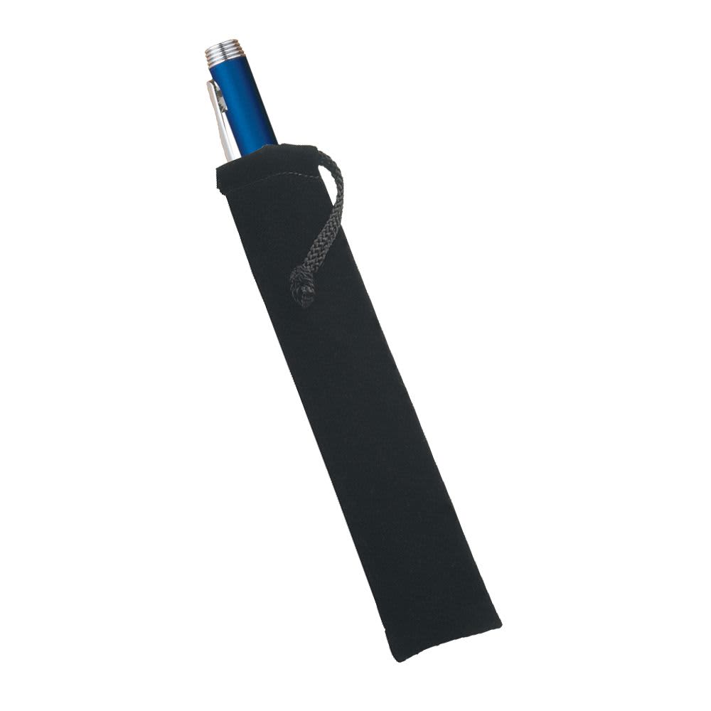 A black velvet drawstring pouch containing a blue pen, with a decorative cord. Includes a branding logo. Slim Velvet Pouch - Image 1