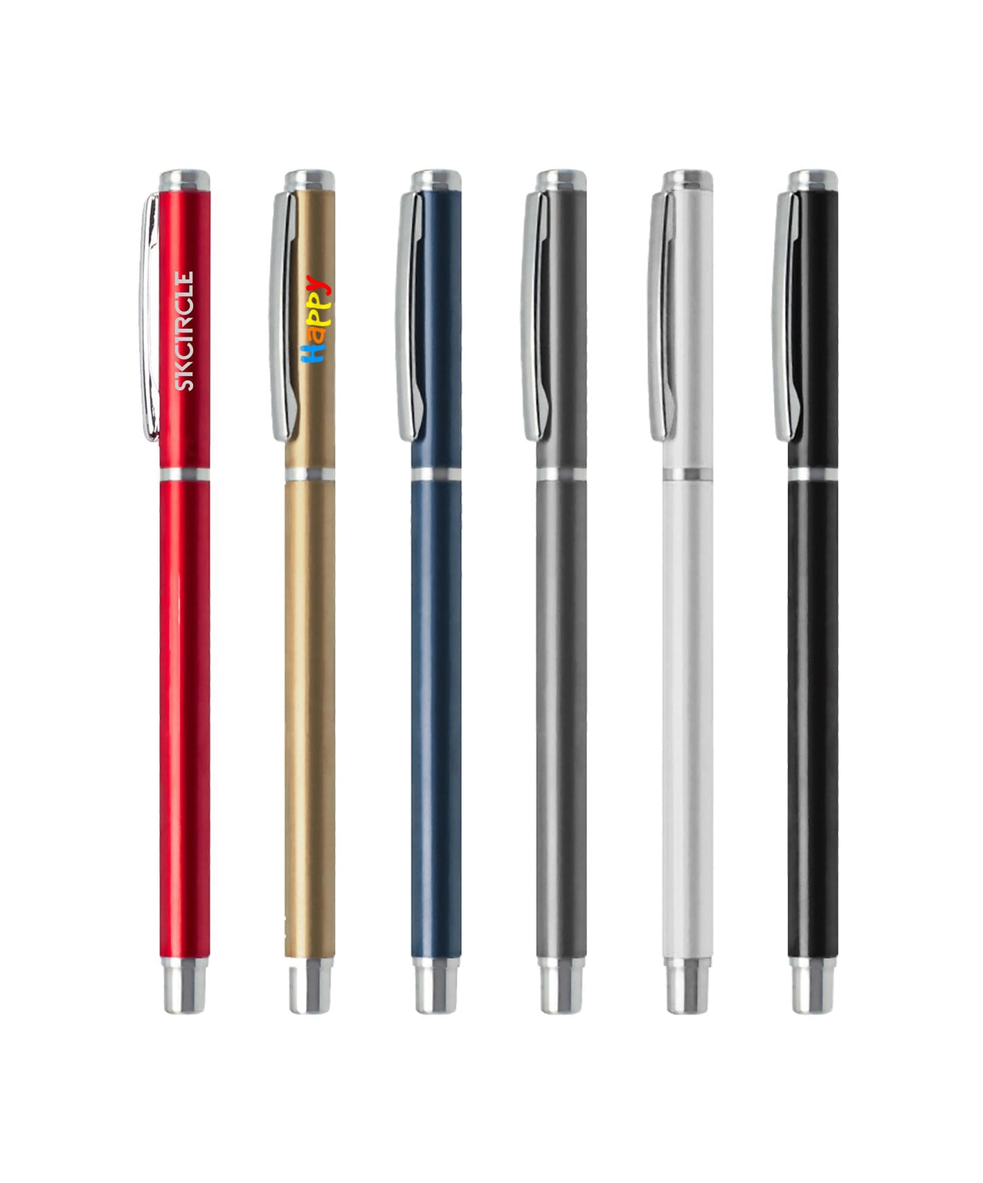 A selection of six aluminium gel pens in red, gold, blue, grey, silver, and black, featuring various designs and logos. Aluminum Gel Pen - Image 1
