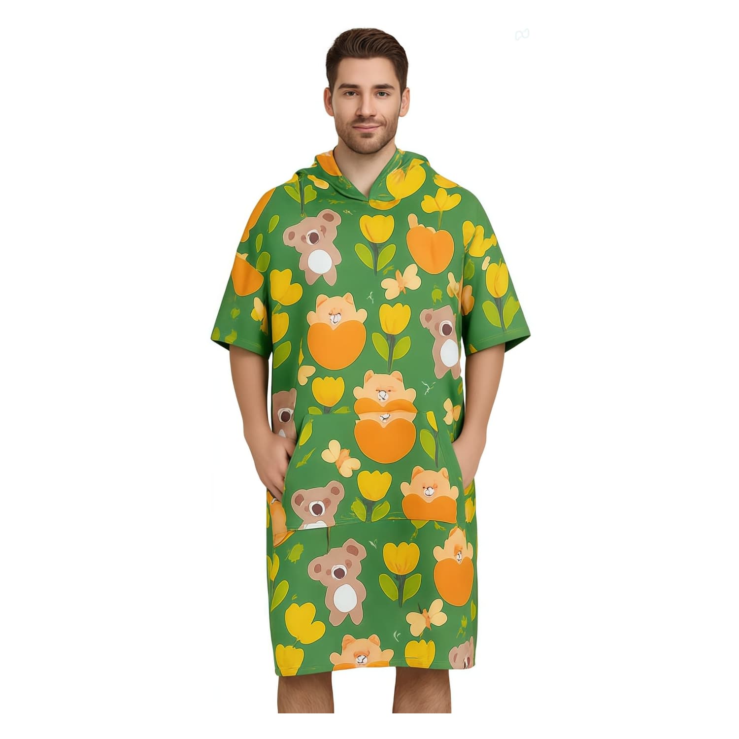 A green hooded towel poncho featuring a playful pattern of koalas and flowers. It includes pockets and a vibrant design. 100% Double-Sided Fleece Sublimation Adults Hooded Towel Poncho - Image 1