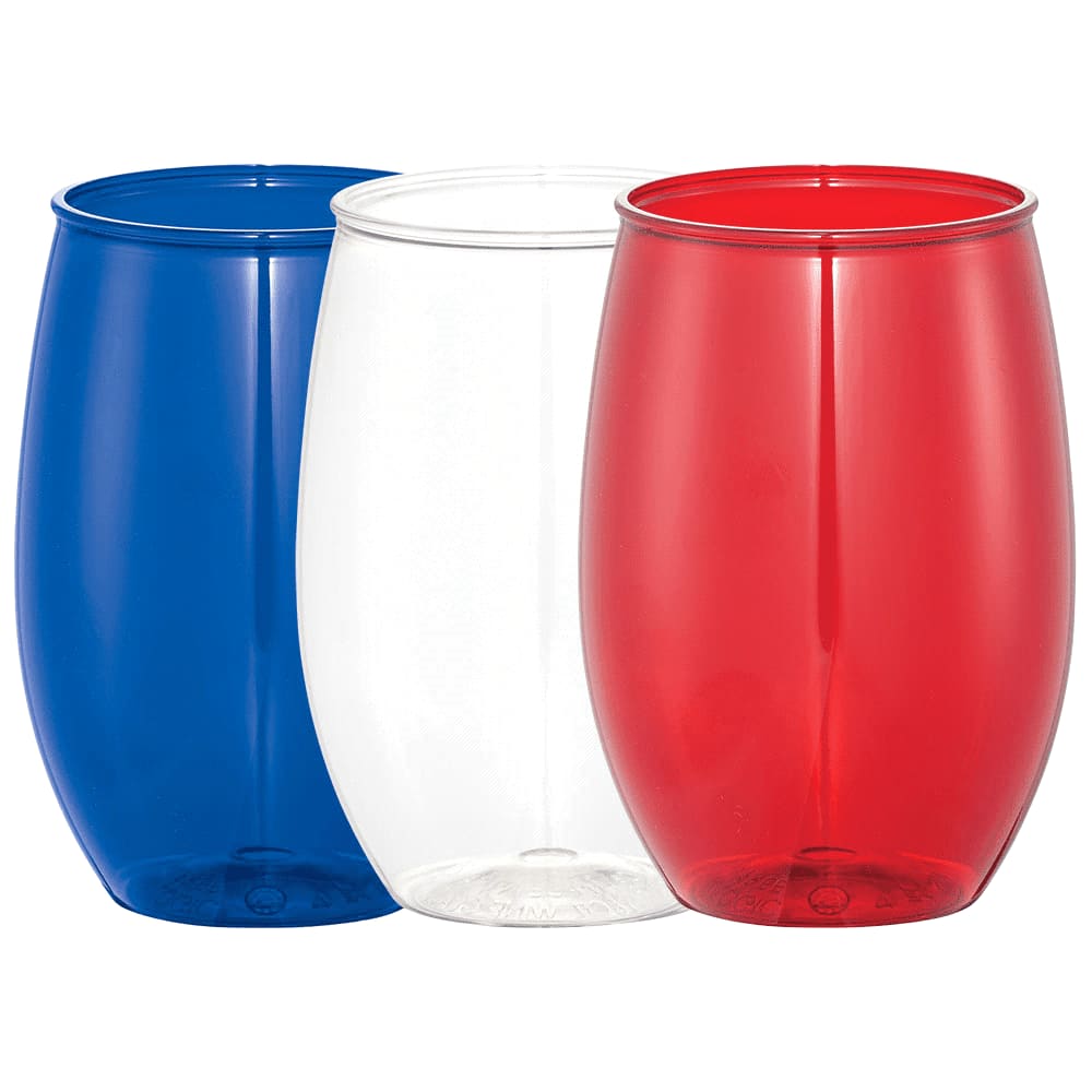 A set of three stemless wine cups in red, white, and blue, featuring a smooth, plastic design. Wynwood 470ml Stemless Wine Cup - Image 1