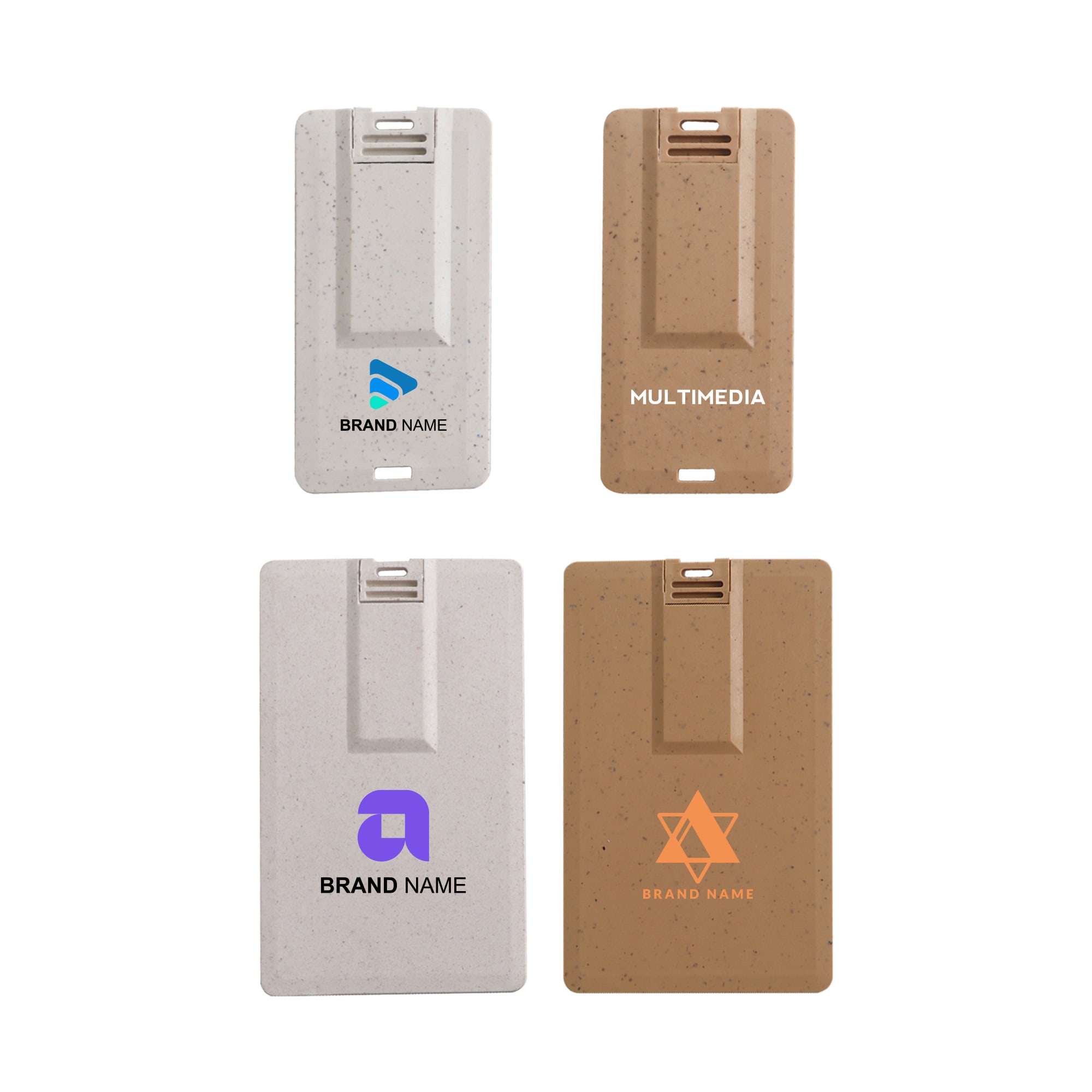 A set of wheat straw credit card flash drives in beige and light grey, featuring various logos. Wheat Straw Credit Card Flash Drive - Image 1