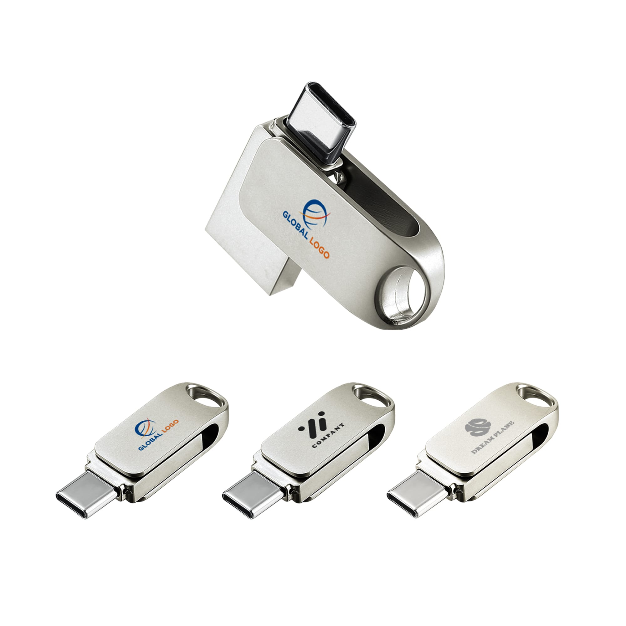 A silver Type-C flash drive with a swivel design and various logos displayed on the surface. FlexLink Type-c Flash Drive - Image 1
