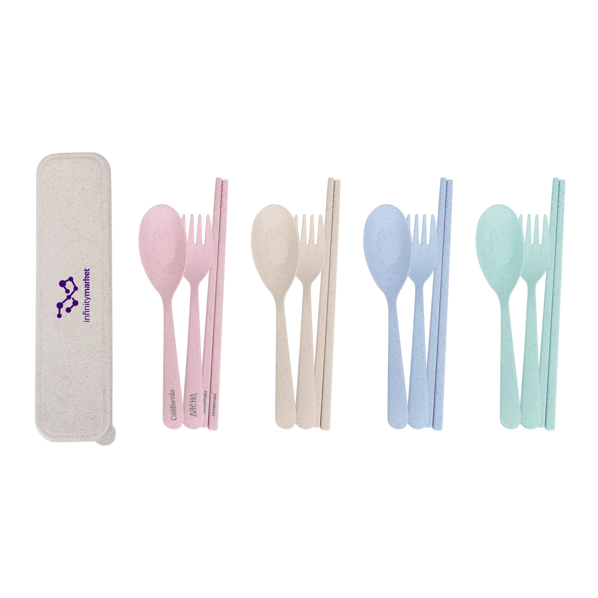 A portable utensils set with three pieces: cutlery in pink, white, and light blue, stored in a cream case with a logo. 3 pieces Portable Utensils Set - Image 1