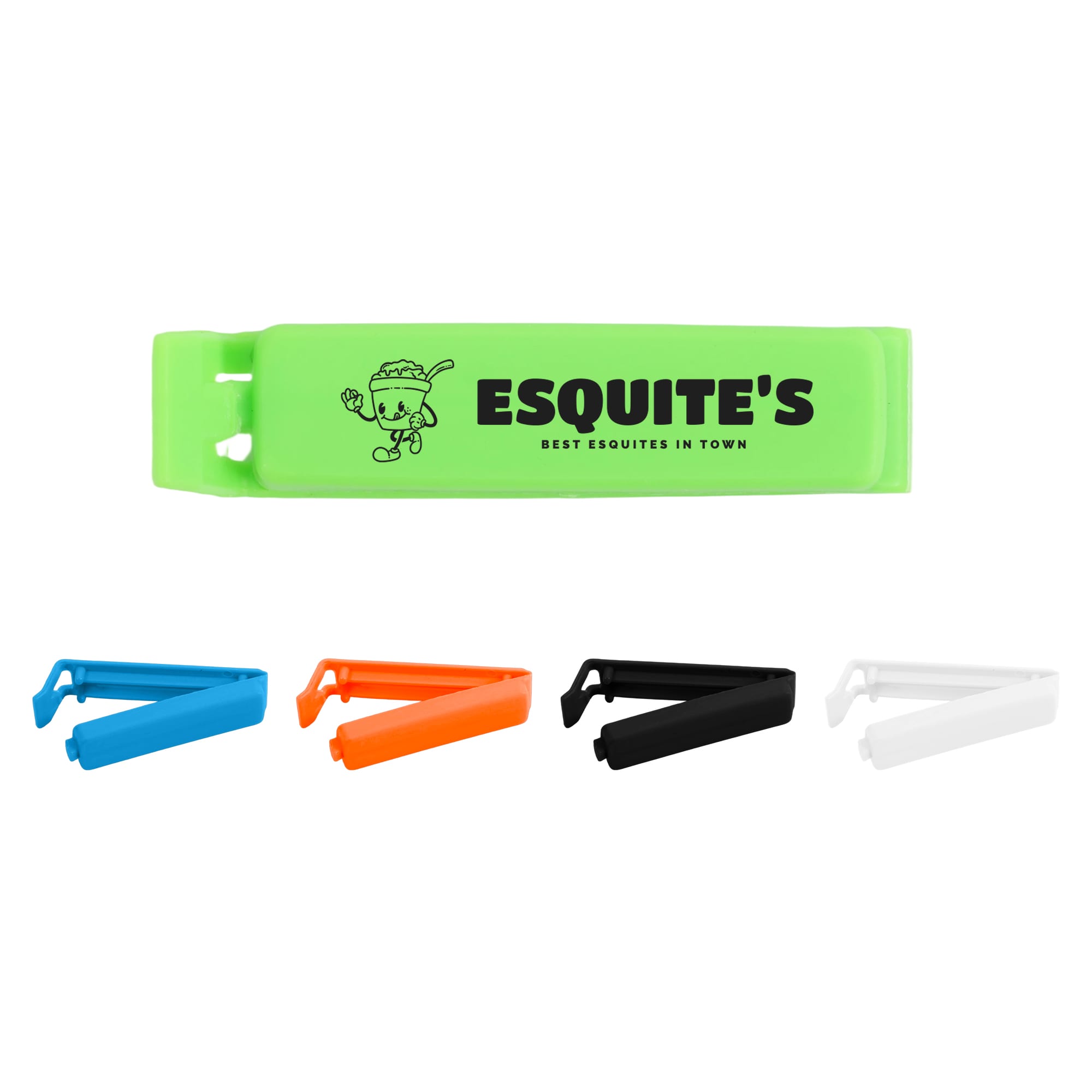A green food bag seal clip is surrounded by black, white, orange, and blue clips, featuring a logo. Small Food Bag Seal Clip - Image 1