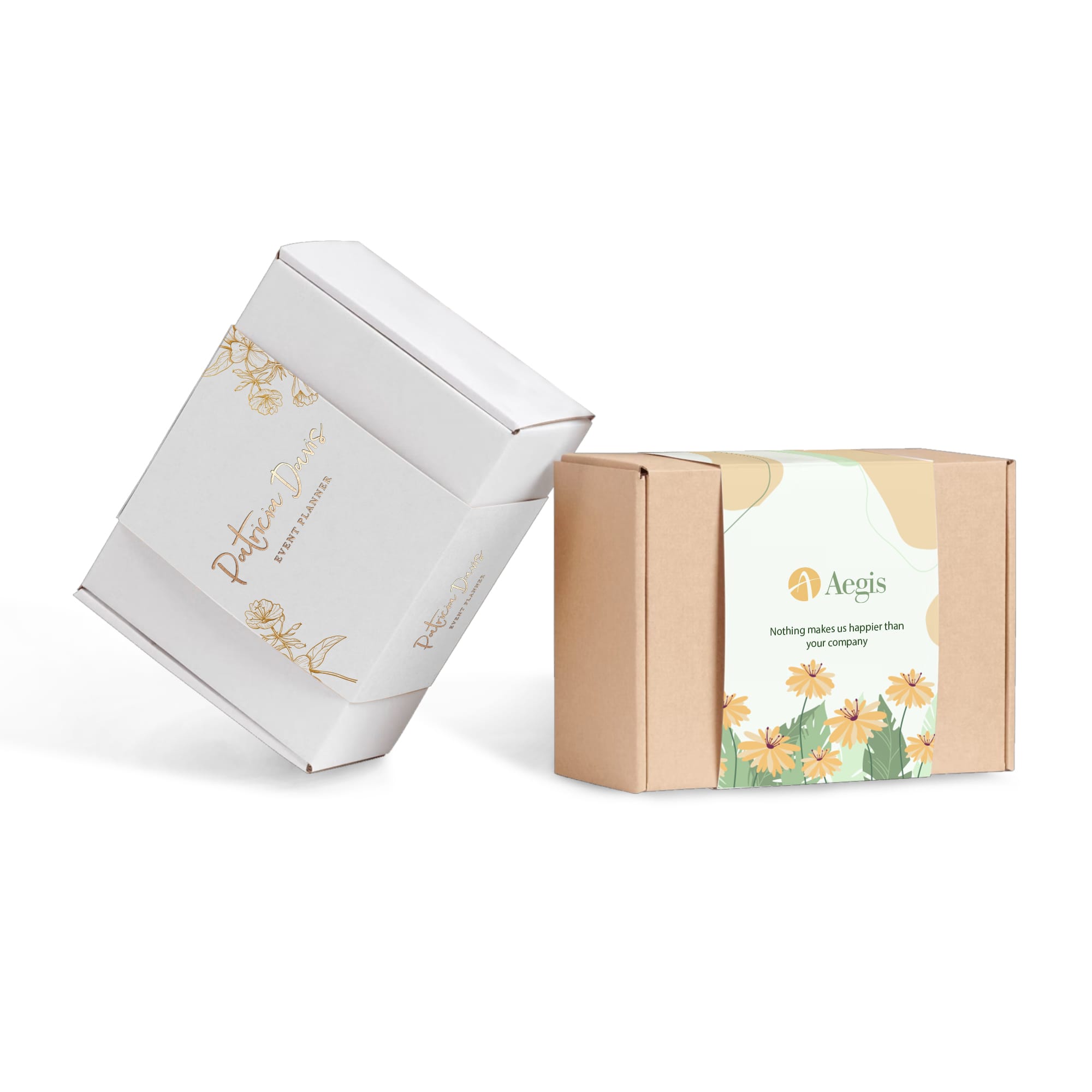 Two custom packaging sleeves in white and kraft brown, featuring floral designs and branding elements. Custom Packaging Sleeves - Image 1