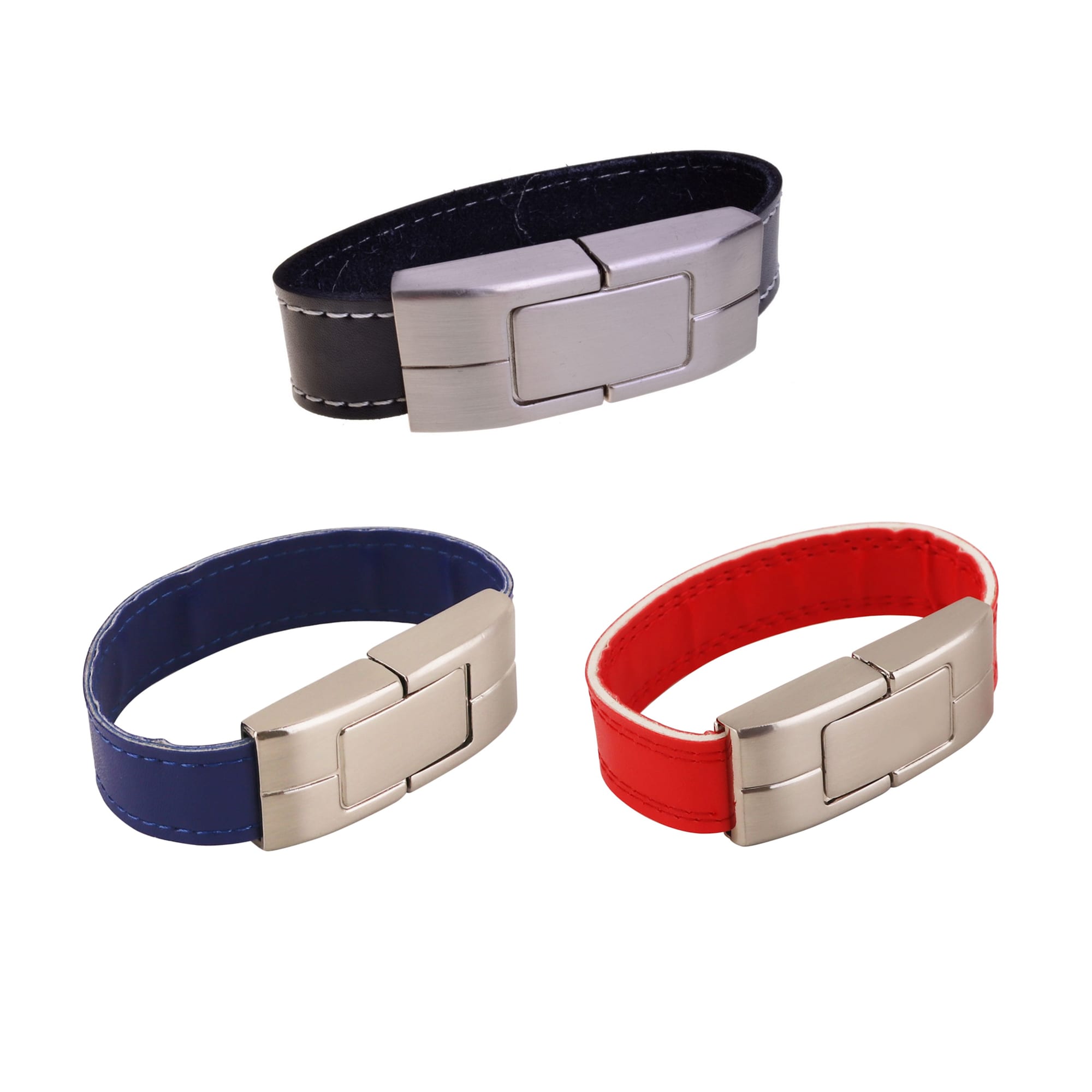 A selection of leather bracelet flash drives in black, navy blue, and red, featuring metallic clasps. Leather Bracelet Flash Drive - Image 1