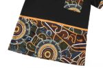 A black Hawaiian shirt featuring colourful Aboriginal-inspired patterns in blues, oranges, and greens. Includes a pocket.