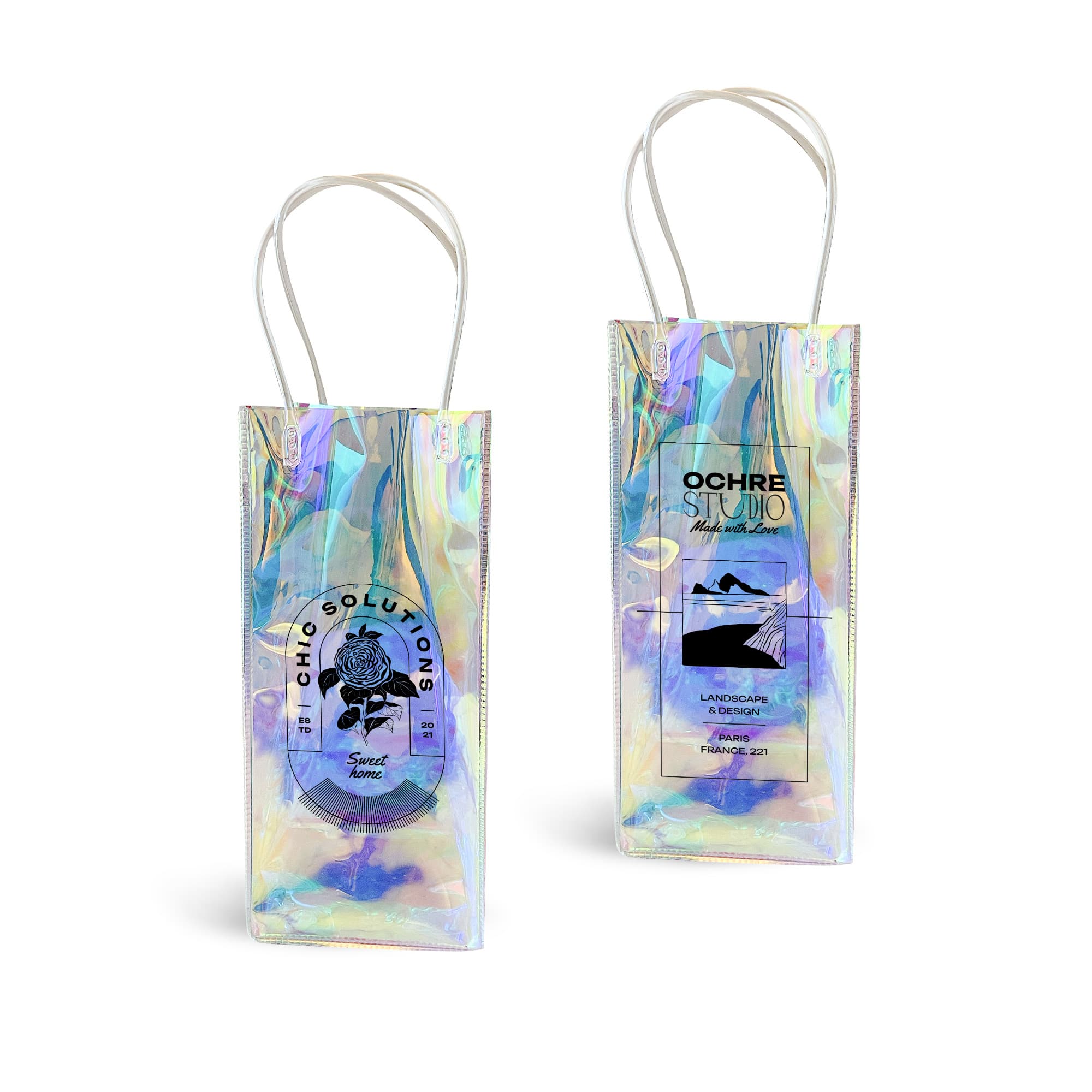 A transparent, iridescent PVC wine bag with handles, featuring a logo on each side. PVC Laser Wine Ice Bag - Image 1
