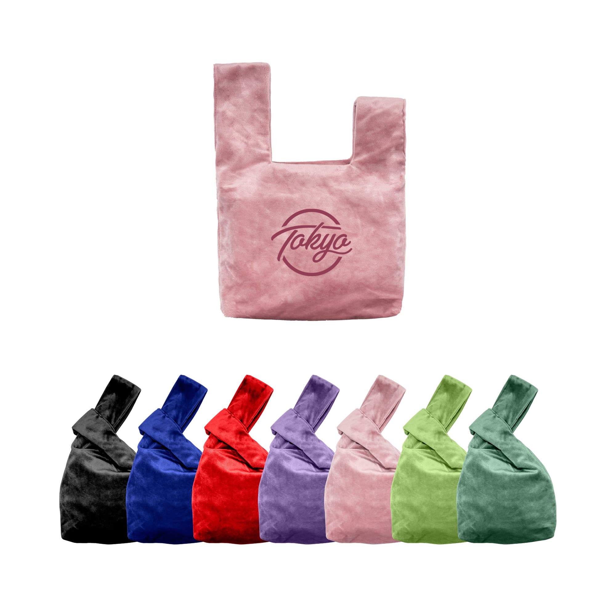 A pink velvet knot wrist bag with a logo, accompanied by bags in black, blue, red, purple, and green. Velvet Knot Wrist Bag - Image 1